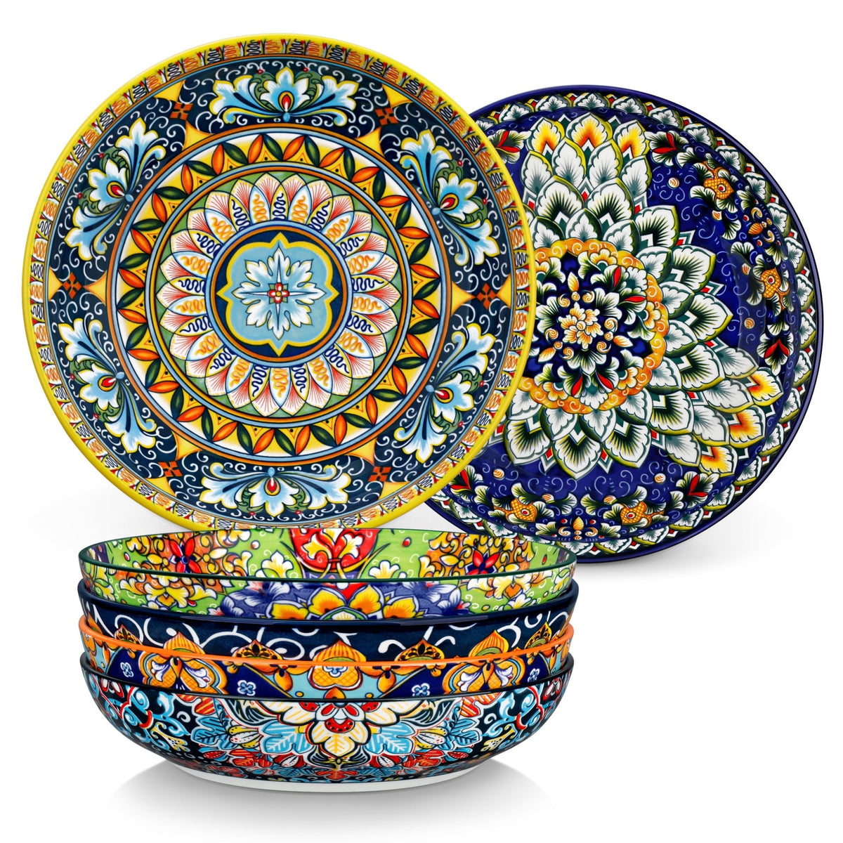 Malacasa Pasta Bowls, Ceramic Salad Bowls Set of 6, 42 oz Large Corlorful Serving Bowls for Kitchen, Dishwasher Microwave Safe Soup Bowls Set, Pasta Plates