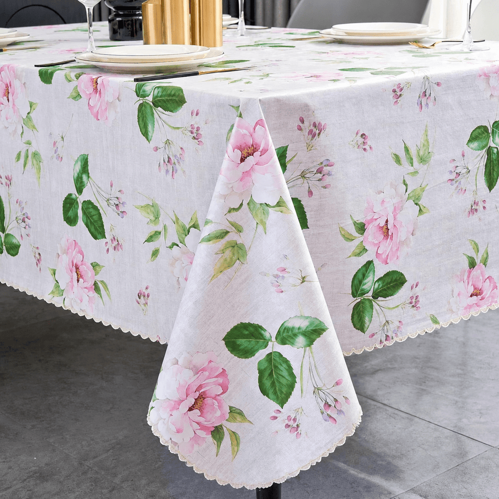 Verolix 84 x 60 inch Rectangular Tablecloth, Featuring Pink Floral Leaf Pattern, Made from Polyester Fabric for Dining Kitchen Home Decor