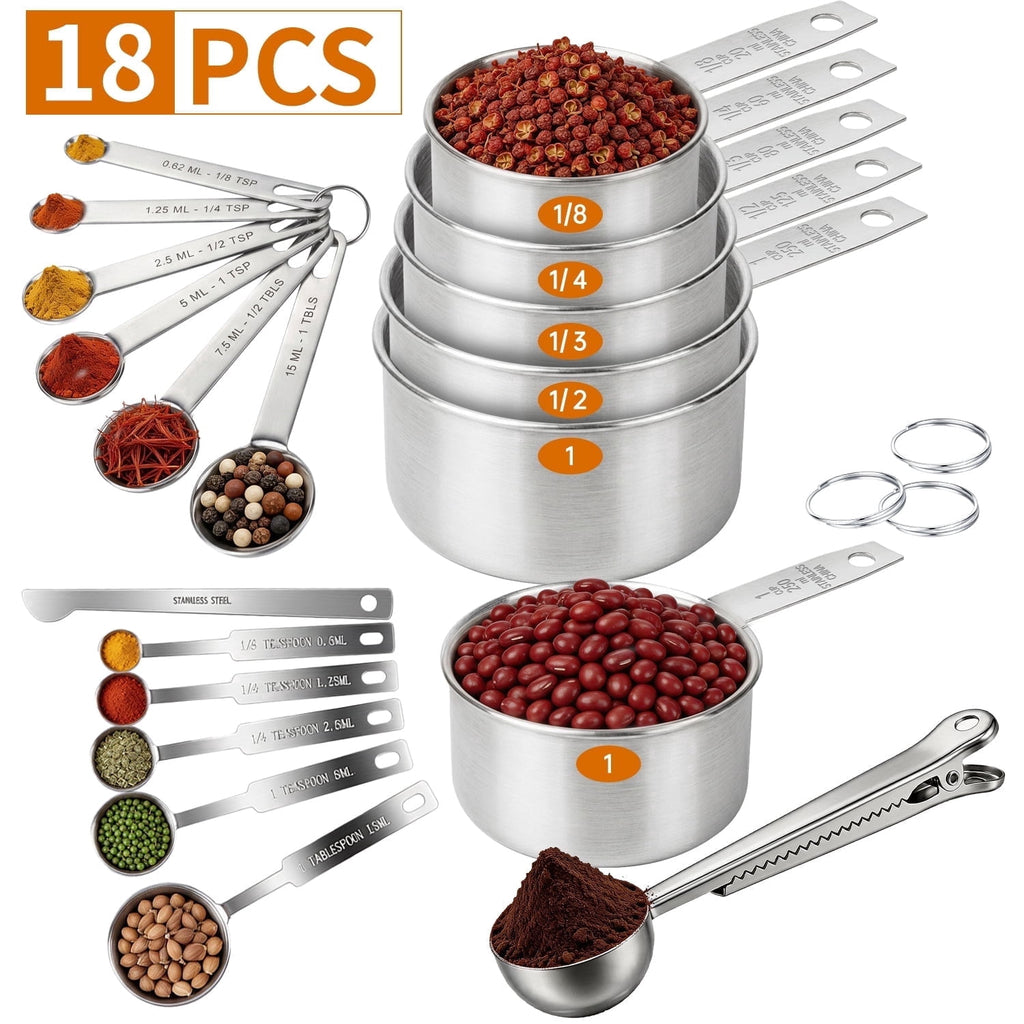 WEPSEN 18-Piece Stainless Steel Measuring Cups and Spoons Set,5 Stainless Steel Nesting Measuring Cups & 6 Spoons,1 Leveler & 5Mini Measuring Spoons,1Tbsp Coffee Scoop with Clip for Cooking & Baking