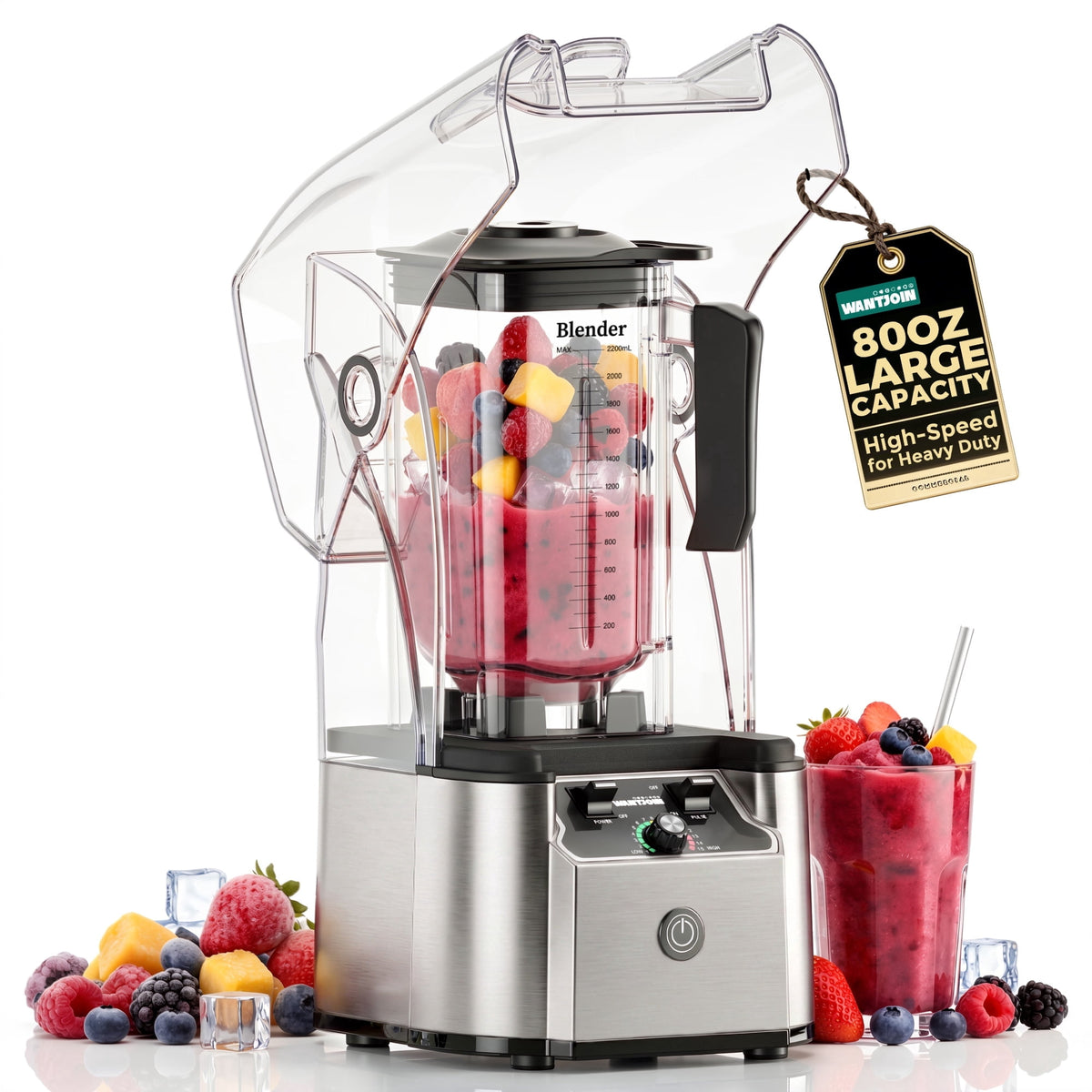 WantJoin Blender-Commercial Blender with Soundproof Shield, Enclosure 2200W ,Quiet Professional-Grade Power,Self-Cleaning,Gray