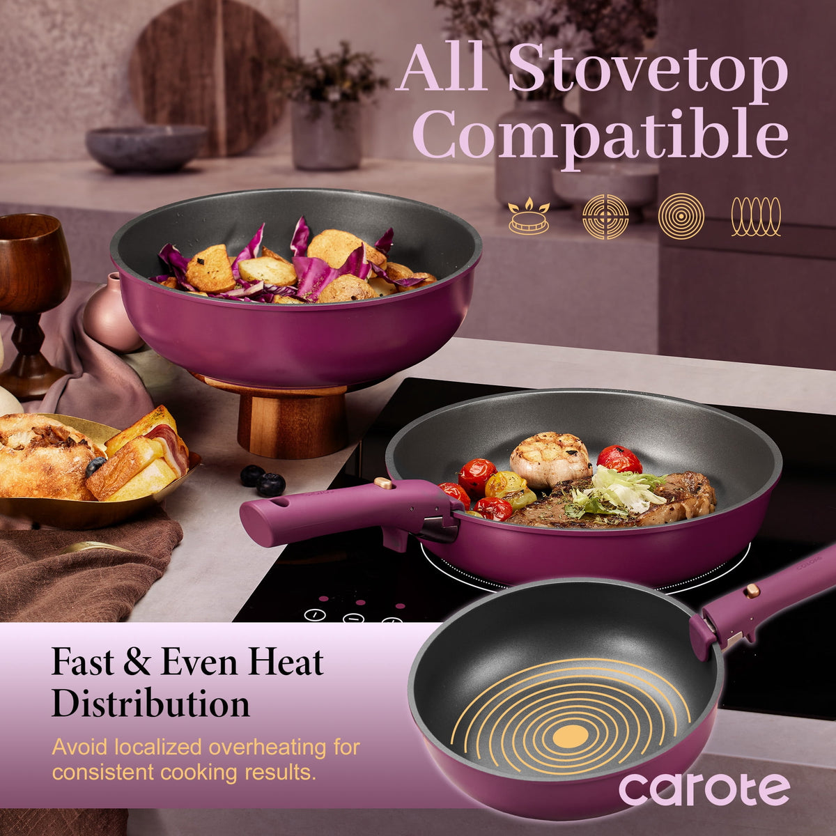 CAROTE 20 Pcs Nonstick Cookware Sets, Pots and Pans Set with Detachable Handles, Oven Safe, Induction Cookware, Stackable Kitchen Cooking Set, Ultra Violet