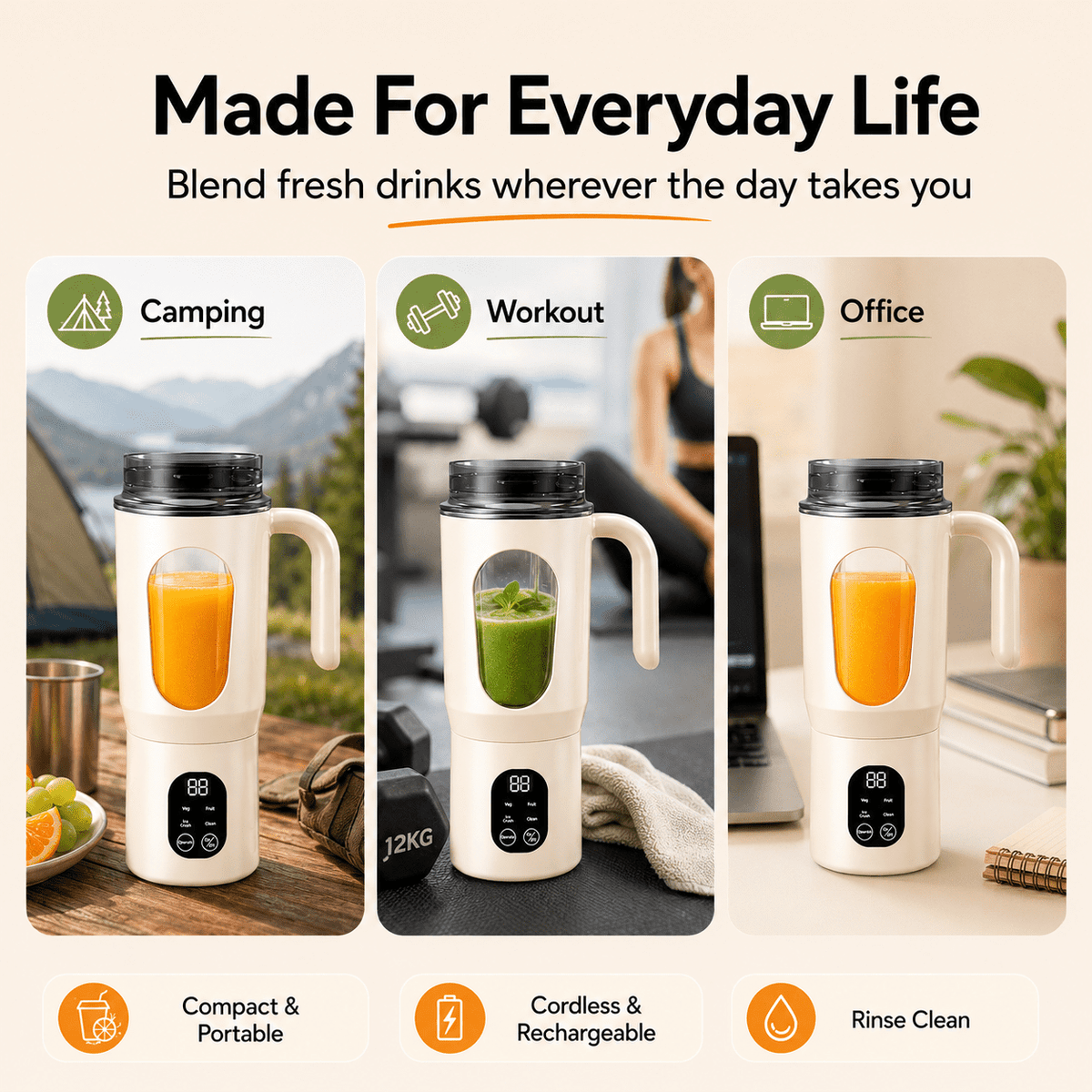 STARBIAO Portable Blender 19.6 oz Personal Juicer Cup, USB-C Rechargeable Mini Blender for Shakes & Smoothies, 12-Blade Stainless Steel, 4 Modes, Digital Display, Self-Cleaning, Beige