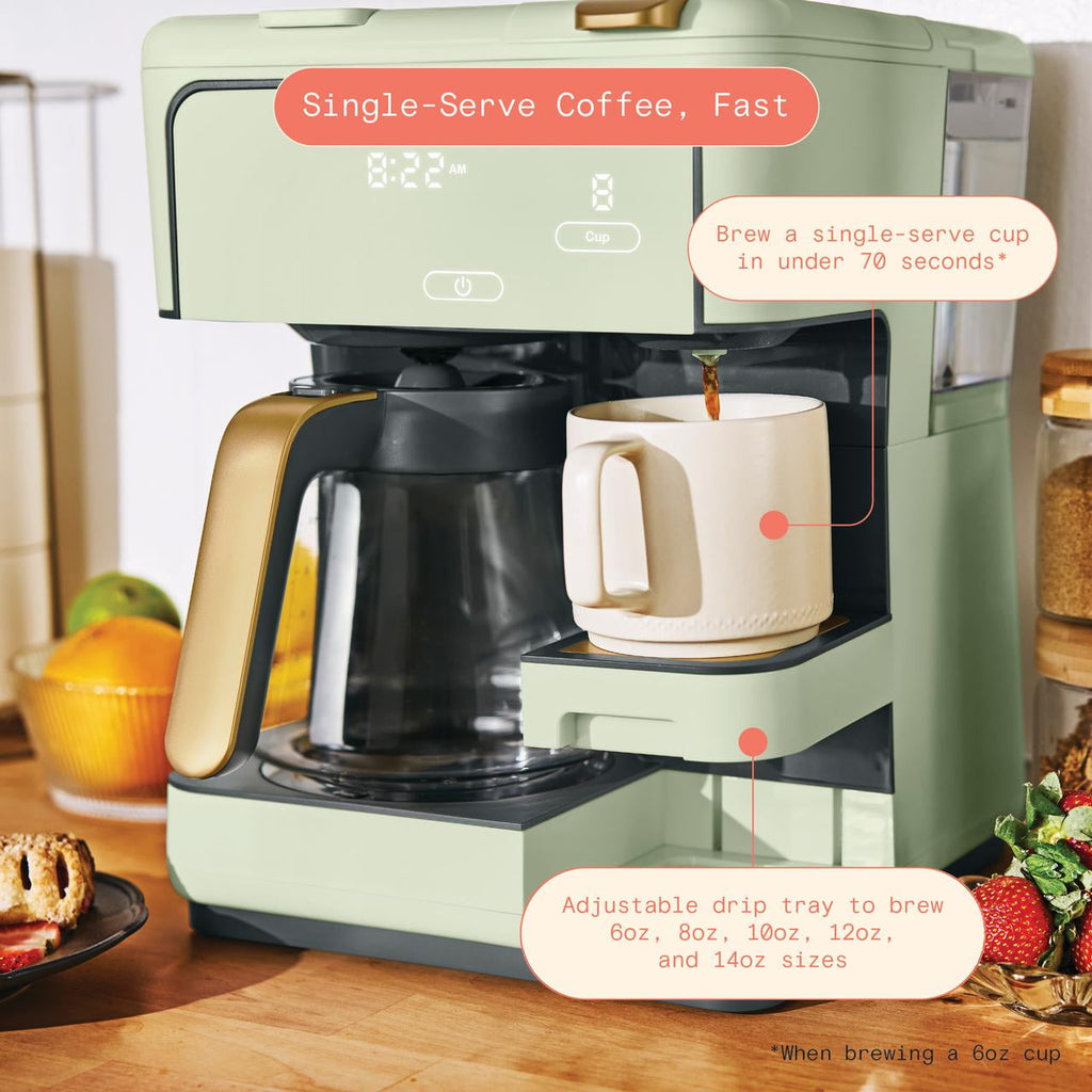 Beautiful by Drew Barrymore Multi-Brew 12-Cup Programmable Drip & Single-Serve Coffee Maker, White Icing