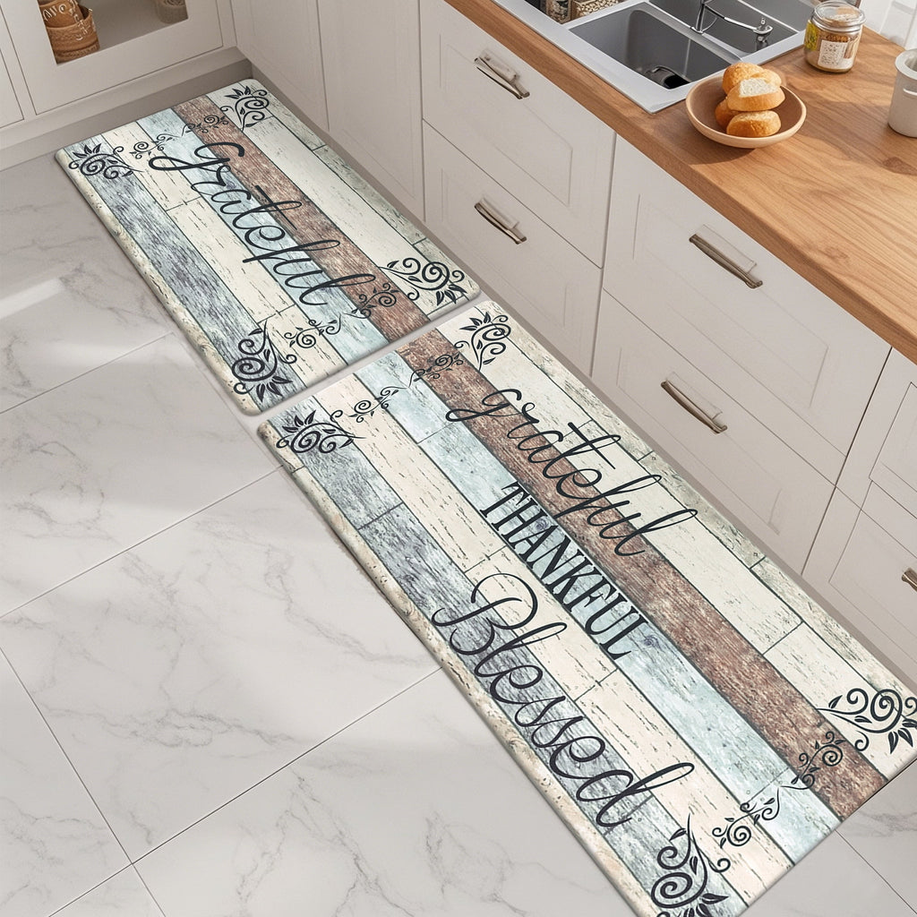MeyJey Farmhouse Kitchen Rug Set of 2, Non-Slip Anti-Fatigue Waterproof Cushioned Mat for Kitchen, Dining & Laundry Room, 18"x30"+18"x48" Teal/Brown