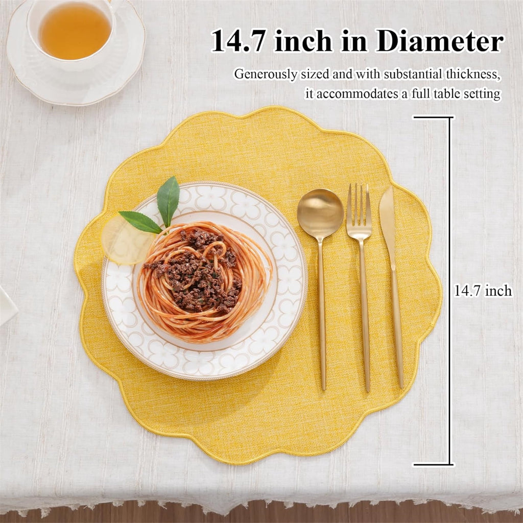 Ileading Scalloped Round Placemats Set of 6 Polyester Linen Blend Washable Non Slip Place Mats Easy Clean Heat Resistant Table Mats for Kitchen Dining Table Decor