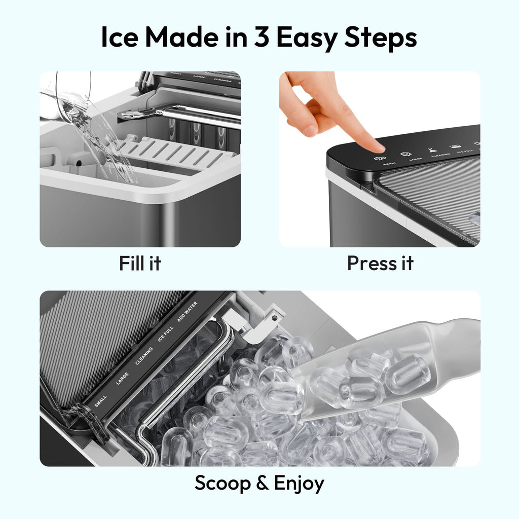 EUHOMY Countertop Ice Maker with Handle, 26 lbs/Day Portable Ice Machine, 9 Bullet Cubes in 6 Minutes, 2 Ice Sizes, Self-Cleaning, 1.1L Water Tank, Black