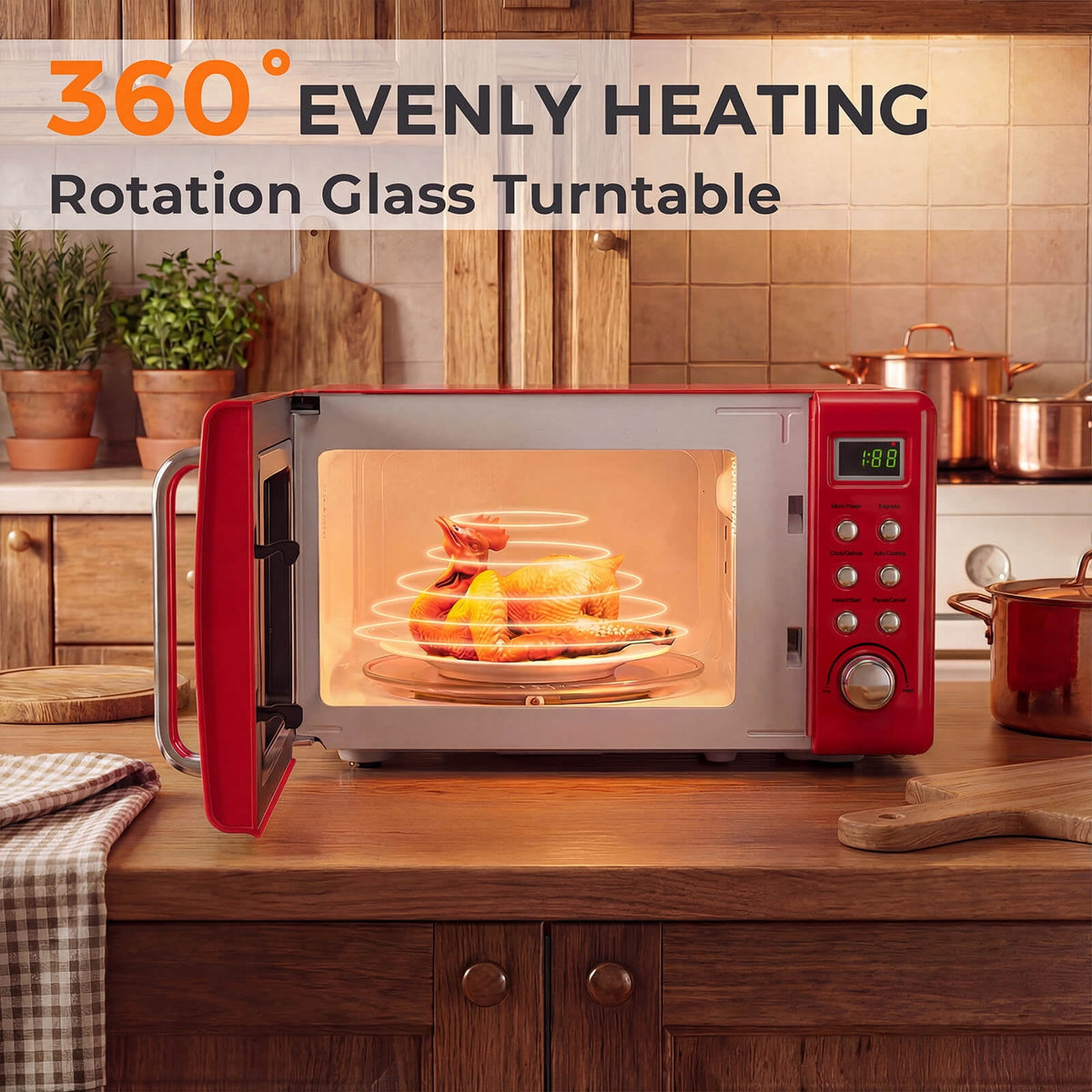 Costway 0.7 Cu.ft Retro Countertop Microwave Oven 700W LED Display Glass Turntable Rose Gold
