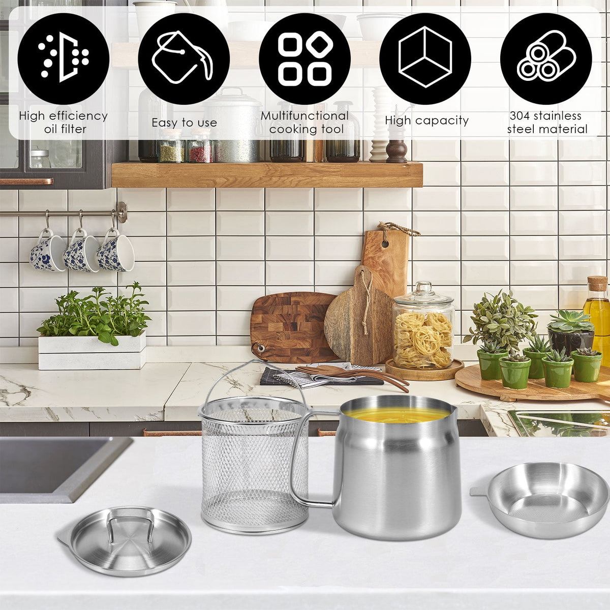 68oz Oil Strainer Pot 304 Stainless Steel Oil Grease Container Can with Filter Lid and Frying Basket Oil Container Can for Storing Frying Cooking Grease