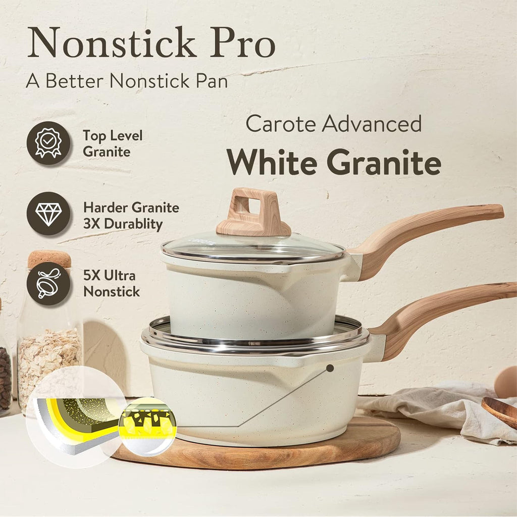CAROTE 6-Piece Nonstick Saucepan Set with Lid, 1.5QT & 3QT Cooking Pots, Induction Compatible, White