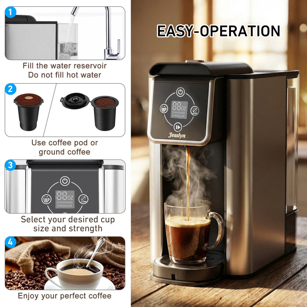 Jesslyn 3 in 1 Single Serve Coffee Maker: K Cup Coffee Machine Compatible with Grounds, Instant Coffee Pot, Tea Maker Brewer - Removable 50 oz Water Reservoir, 120V 1150W, Black