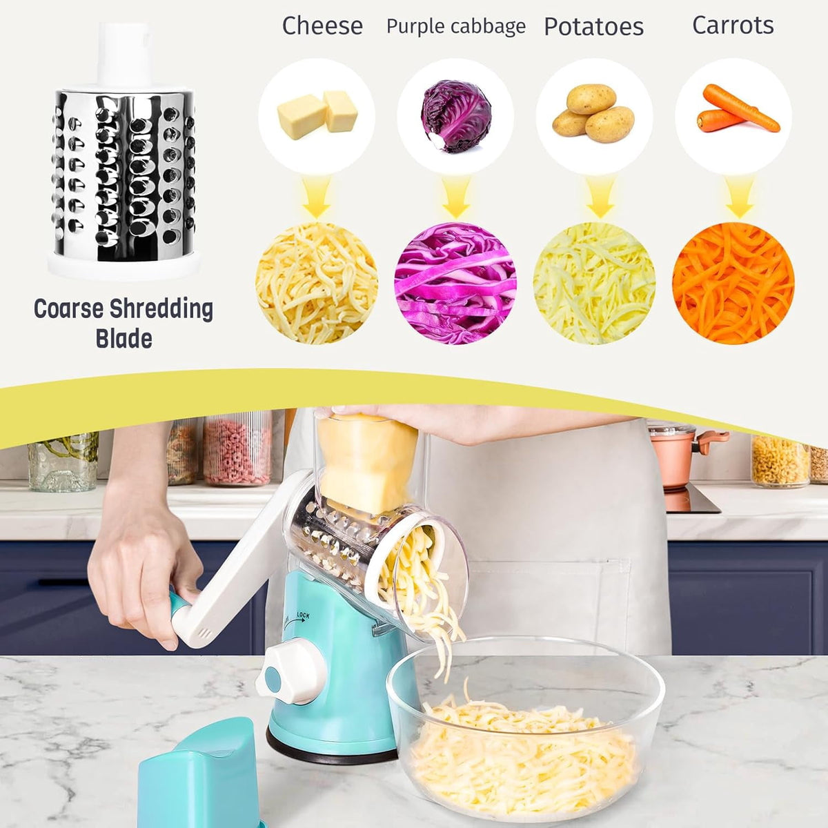 Premium Rotary Cheese Grater, Manual Cheese Grater for Kitchen, Handheld Vegetables Slicer Cheese Shredder with Rubber Suction Base, 3 Stainless Drum Blades Included,Blue