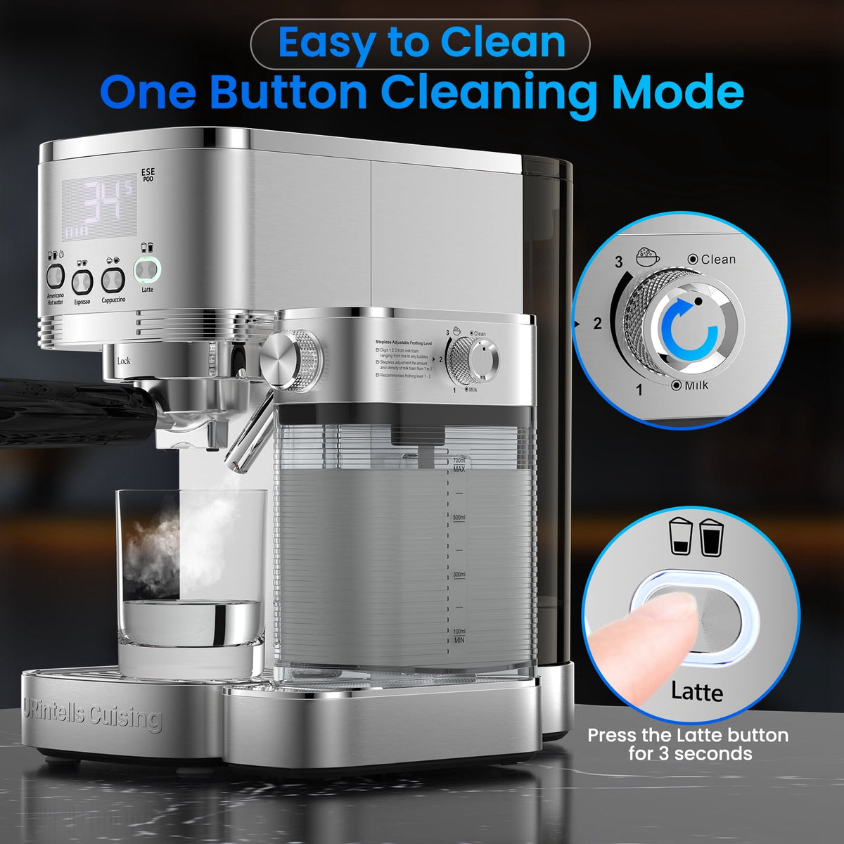 URintells Cuising Espresso Machine, 20 Bar Cappuccino & Latte Machine with Built-In Milk Frother, 1350W, Stainless Steel
