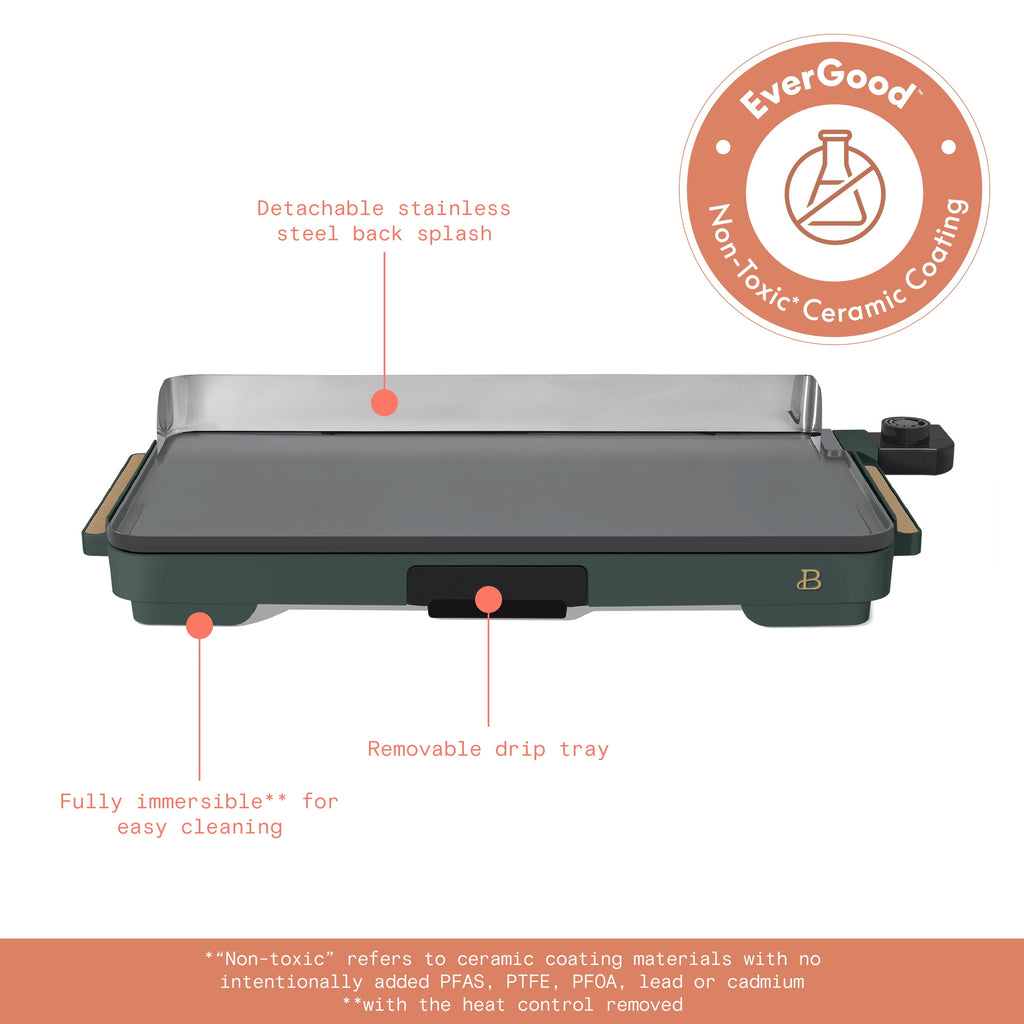 Beautiful XL Electric Griddle 12" x 22" with EverGood Ceramic Nonstick Coating, Thyme Green by Drew Barrymore