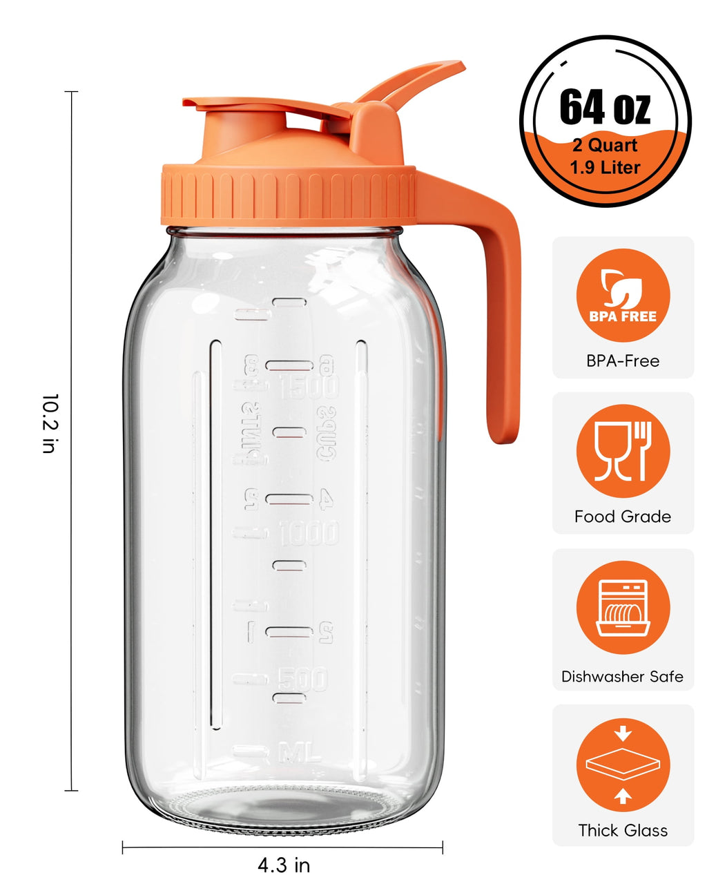 VA1KENE Glass Pitcher with Lid, Mason Jar Pitcher with Spout and Handle for Lemonade, Iced Drinks, and Sun Tea 64oz Gray