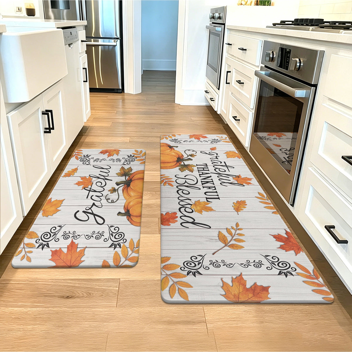 MeyJey Farmhouse Kitchen Rug Set of 2, Non-Slip Anti-Fatigue Waterproof Cushioned Mat for Kitchen, Dining & Laundry Room, 18"x30"+18"x48" Teal/Brown