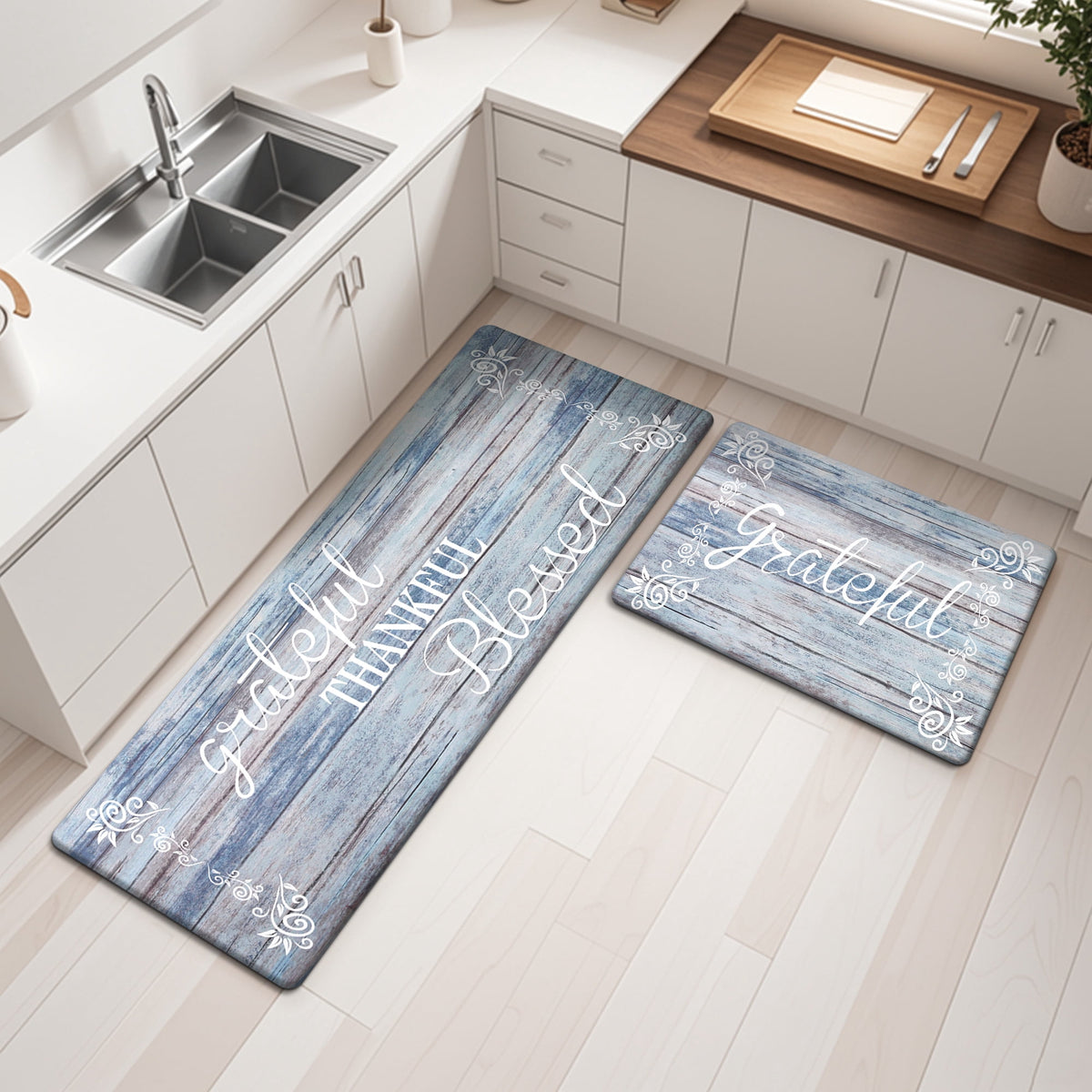 MeyJey Farmhouse Kitchen Rug Set of 2, Non-Slip Anti-Fatigue Waterproof Cushioned Mat for Kitchen, Dining & Laundry Room, 18"x30"+18"x48" Teal/Brown