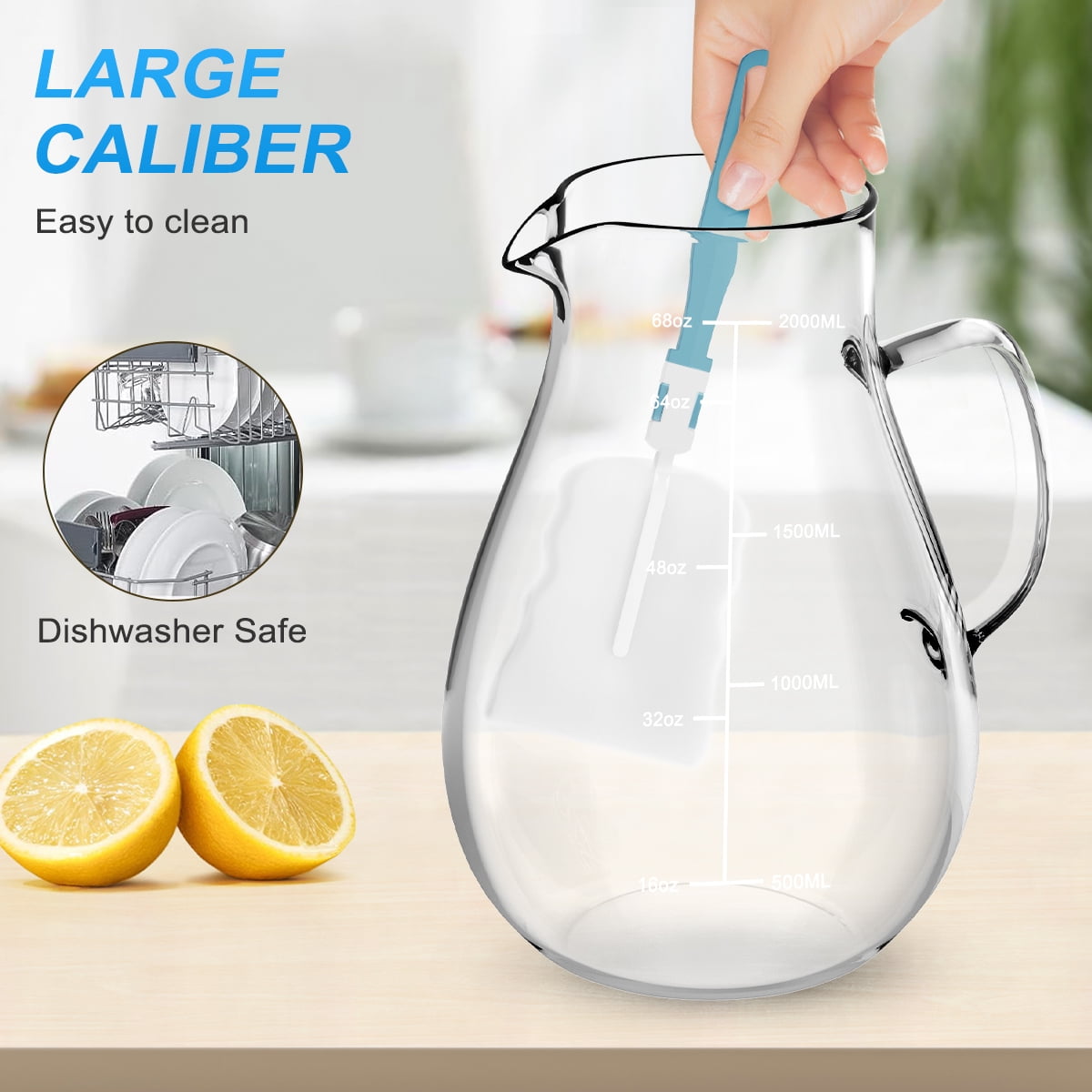 68 oz Glass Pitcher with Lid and Spout, 2 L Heat & Cold Resistant Glass Water Carafe with Precise Scale Line for Hot/Cold Water, Easy to Clean Large Drink Pitcher for Cold and Hot Beverage