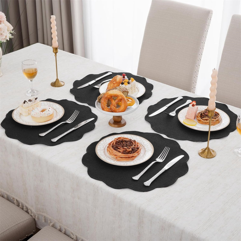Ileading Scalloped Round Placemats Set of 6 Polyester Linen Blend Washable Non Slip Place Mats Easy Clean Heat Resistant Table Mats for Kitchen Dining Table Decor