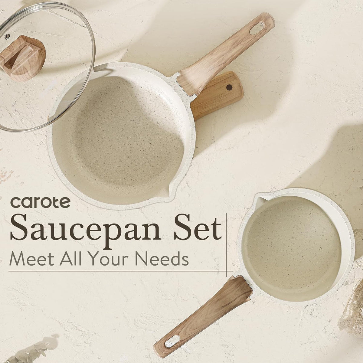 CAROTE 6-Piece Nonstick Saucepan Set with Lid, 1.5QT & 3QT Cooking Pots, Induction Compatible, White