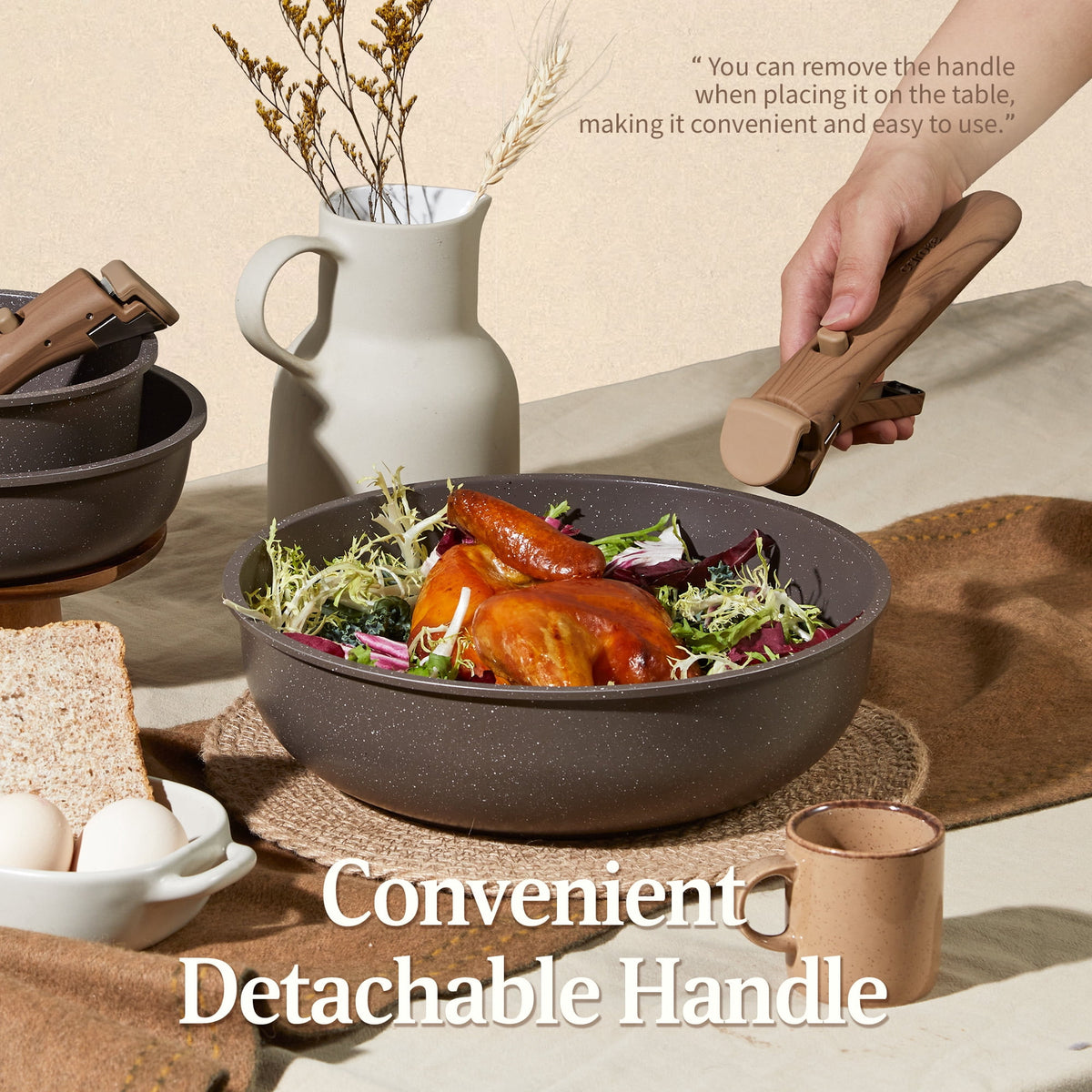 CAROTE 23-Piece Nonstick Pots and Pans, Granite Cookware Set with Detachable Handle, Induction Compatible, Oven & Dishwasher Safe, Brown
