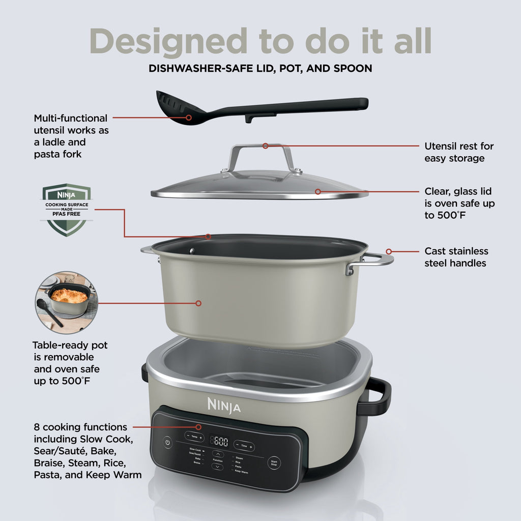 Ninja 8-in-1 PossibleCooker Plus 7.5 Qt Multi-Cooker, Slow Cooker, Steamer, Dutch Oven, MC2000 Sage Green