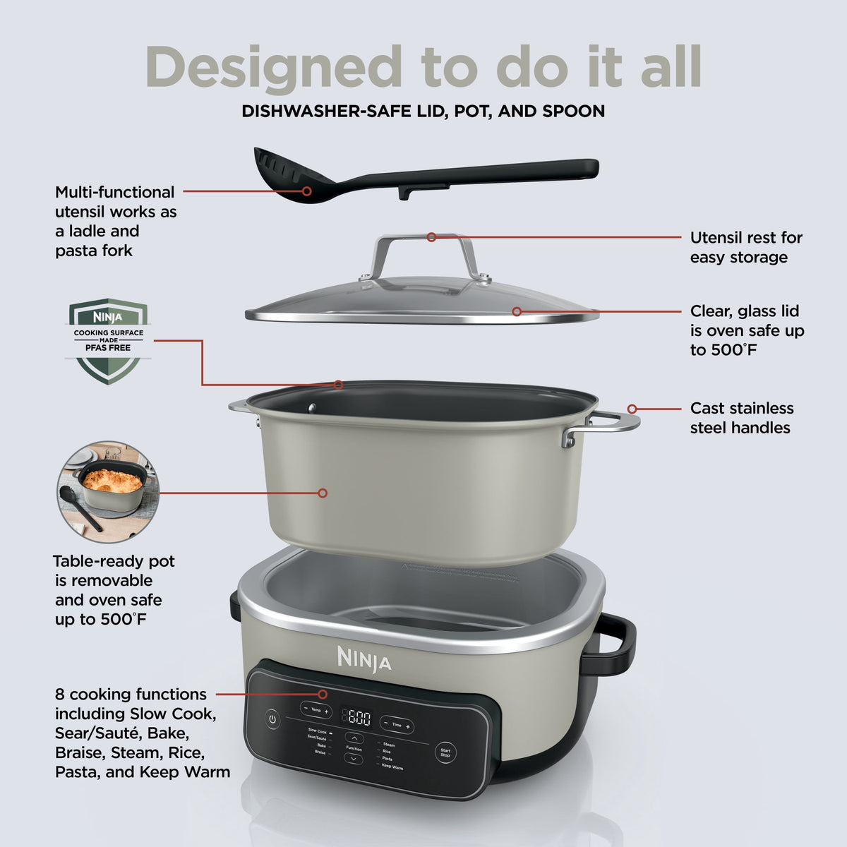 Ninja 8-in-1 PossibleCooker Plus 7.5 Qt Multi-Cooker, Slow Cooker, Steamer, Dutch Oven, MC2000 Sage Green