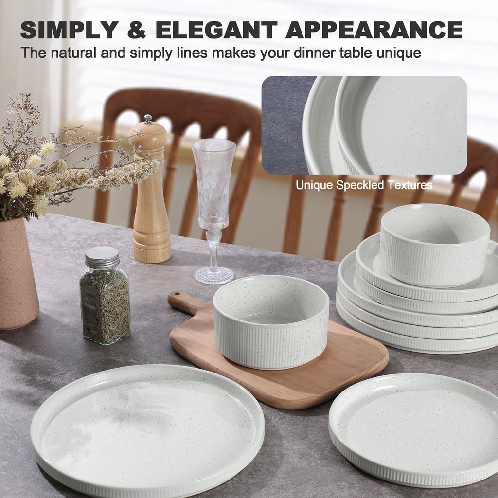 Vesteel 12 Pieces Dinnerware Set for 4, Premium Stoneware Ribbed Dishes, Chip & Scratch Resistant Plates and Bowls Set for Home Restaurant, Microwave and Dishwasher Safe - Speckled White