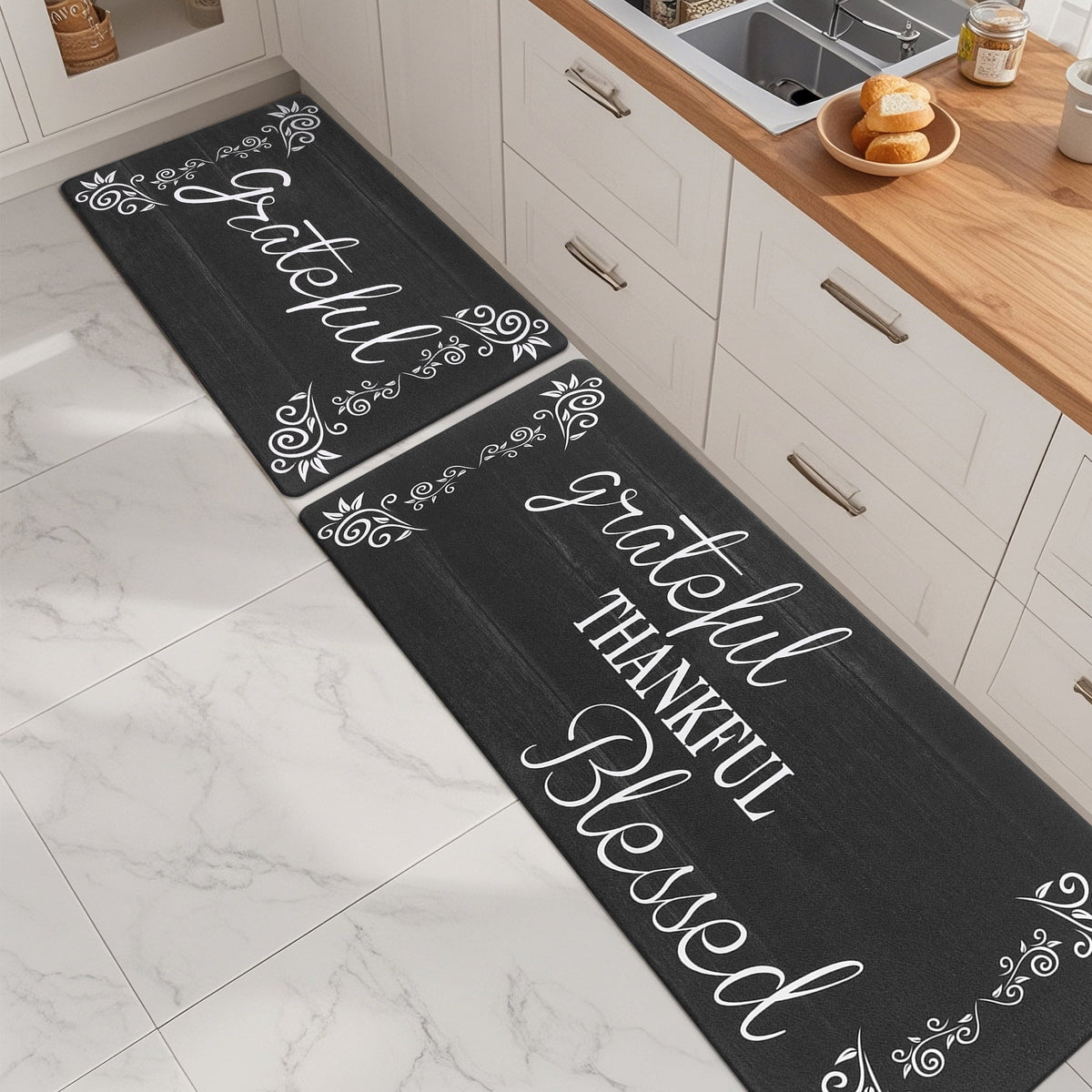 MeyJey Farmhouse Kitchen Rug Set of 2, Non-Slip Anti-Fatigue Waterproof Cushioned Mat for Kitchen, Dining & Laundry Room, 18"x30"+18"x48" Teal/Brown