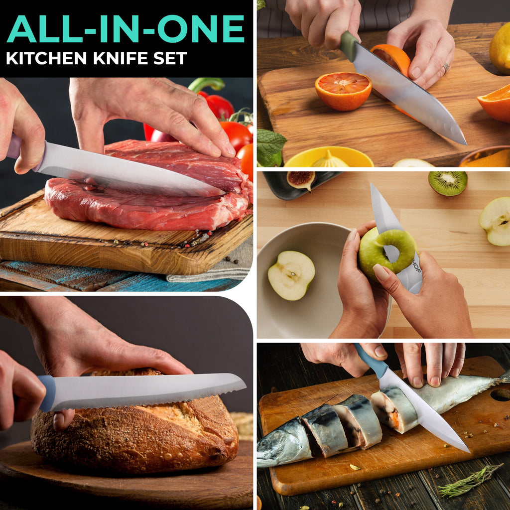 HAUSHOF Colorful Kitchen Knife Set 5 PCS, Non-Stick Coated Stainless Steel Blades with Sheaths, Ergonomic Grip, Gift for Mom Dad Wife, Camping BBQ Everyday Cooking, Chopping