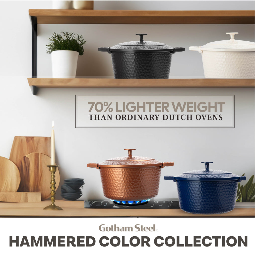Gotham Steel Ceramic Hammered 5 Qt Lightweight Dutch Oven Pot with Lid & Holders, Oven Safe & Even Heat Retaining Dutch Oven for Bread Baking Sourdough, Soup, 70% Lighter than Cast Iron, Navy
