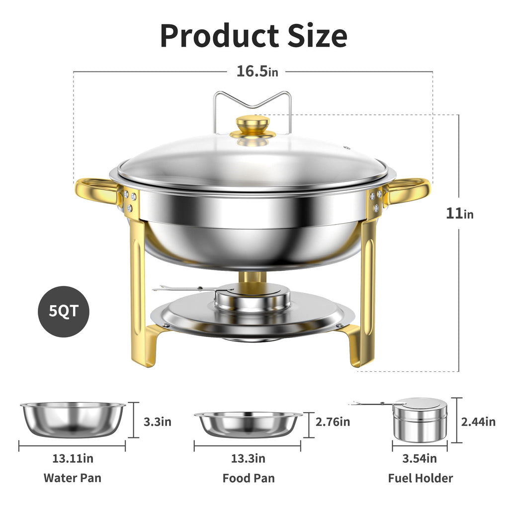 Chafing Dish Buffet Set 2 Pack: TINANA 5QT Stainless Steel Chafing Dishes for Buffet with Glass Lid & Lid Holder, Round Chafers and Buffet Warmers Sets for Parties, Events, Wedding, Camping, Dinner