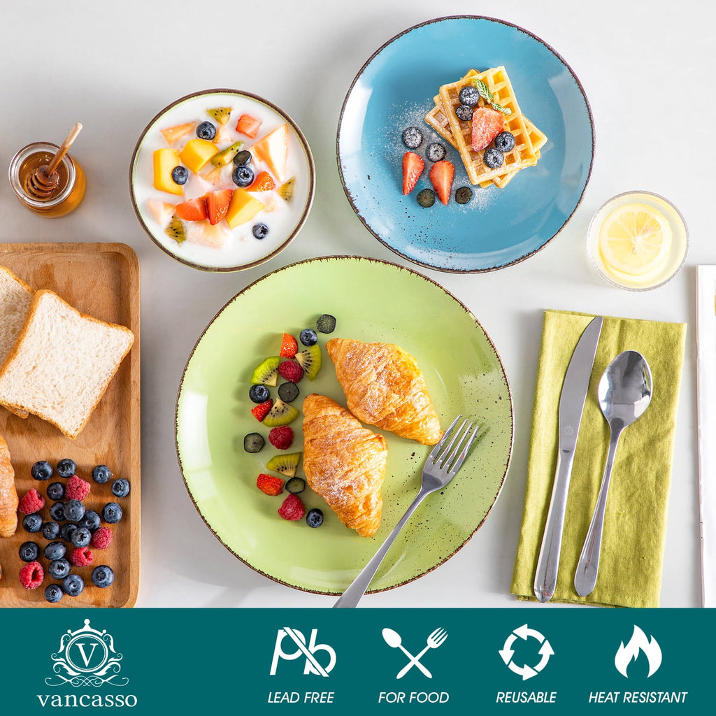 Malacasa 12 Pcs Dinnerware Sets, Ceramic Plates and Bowls Set for 4 with Reactive Glaze & Speckled Finish, Dish Sets, Dishwasher & Microwave Safe, Light Colors