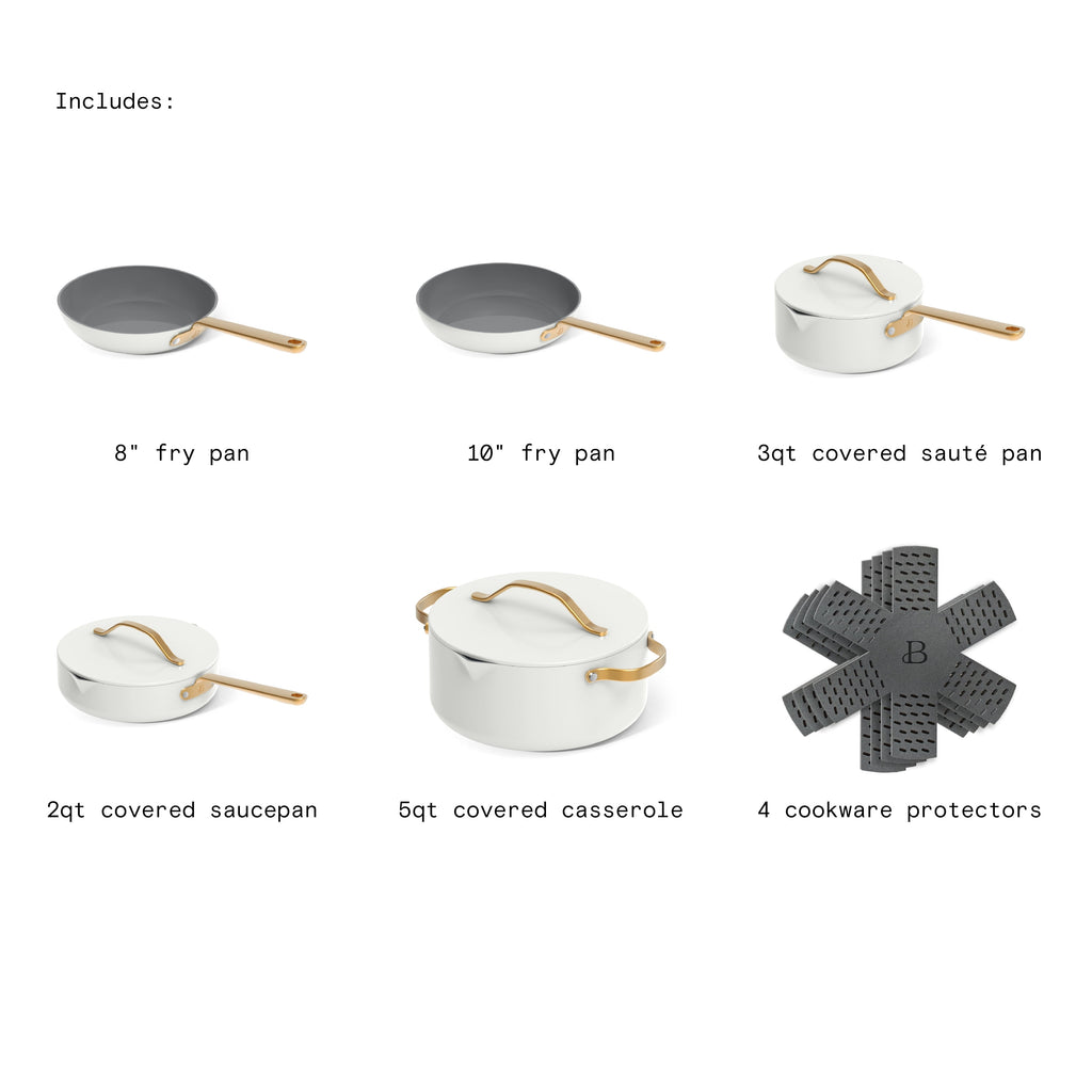 Beautiful 12-Piece Cookware Set, Pots and Pans with Strainer Lids and EverGood Ceramic Nonstick Coating, White Icing by Drew Barrymore