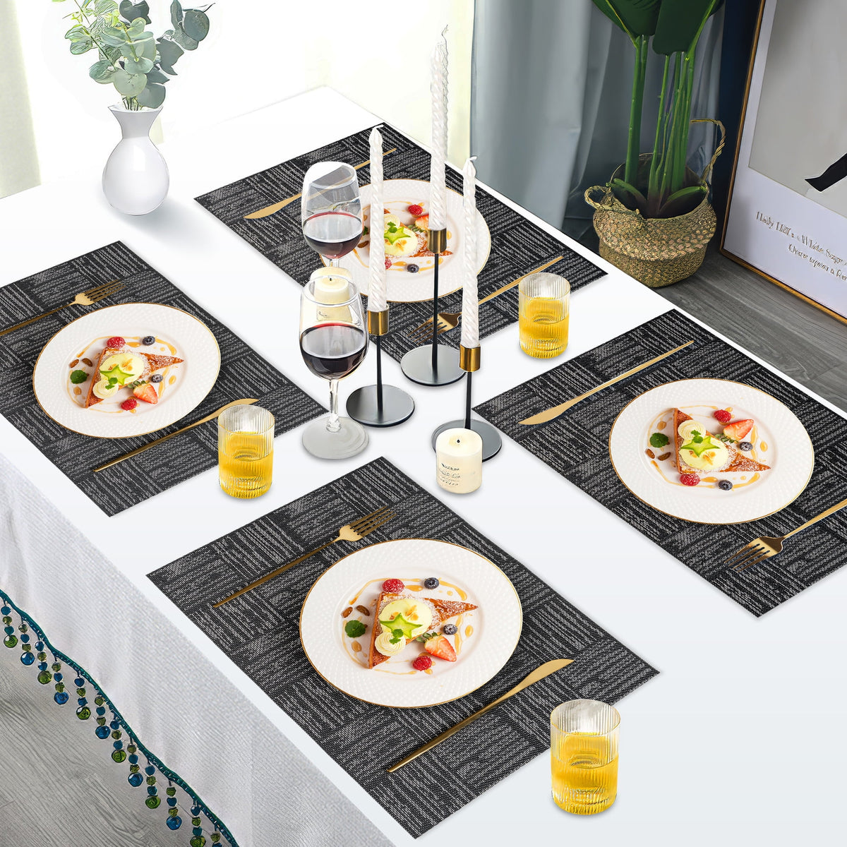 VCVCOO Navy Blue Placemats Set of 4 - Easy Clean Washable PVC Vinyl Placemats - Wipeable Heat Resistant Woven Table Mats for Dining Table - 12x18 inch