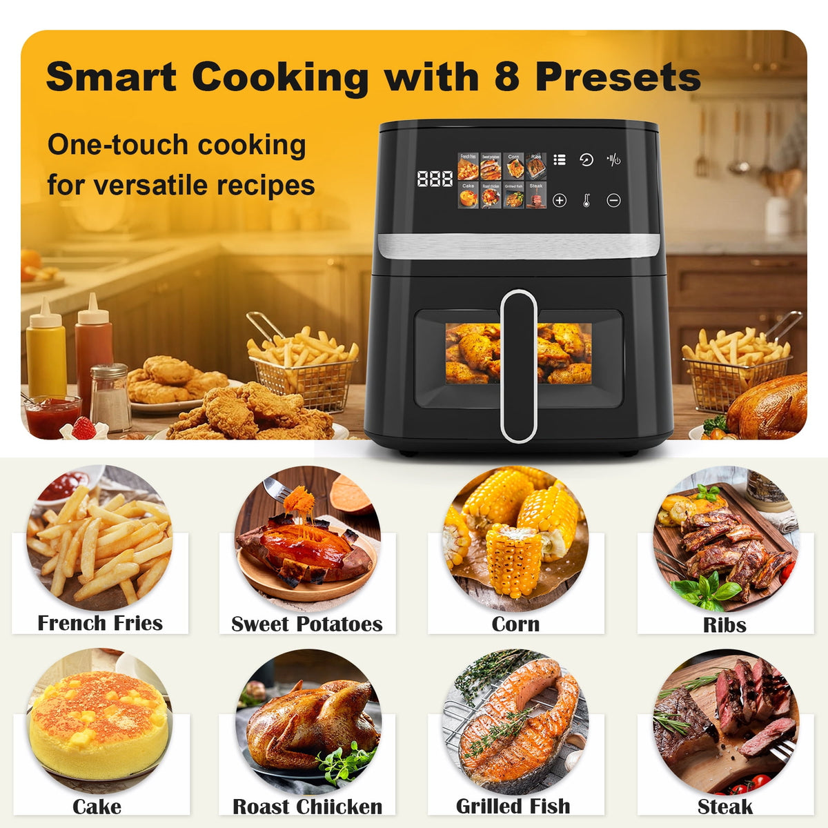 Bluebow 8QT Air Fryer, 8-in-1 Presets Electric Hot Oven with Digital LED Touchscreen, Non-stick Dishwasher-Safe Basket, Easy View Window, Black