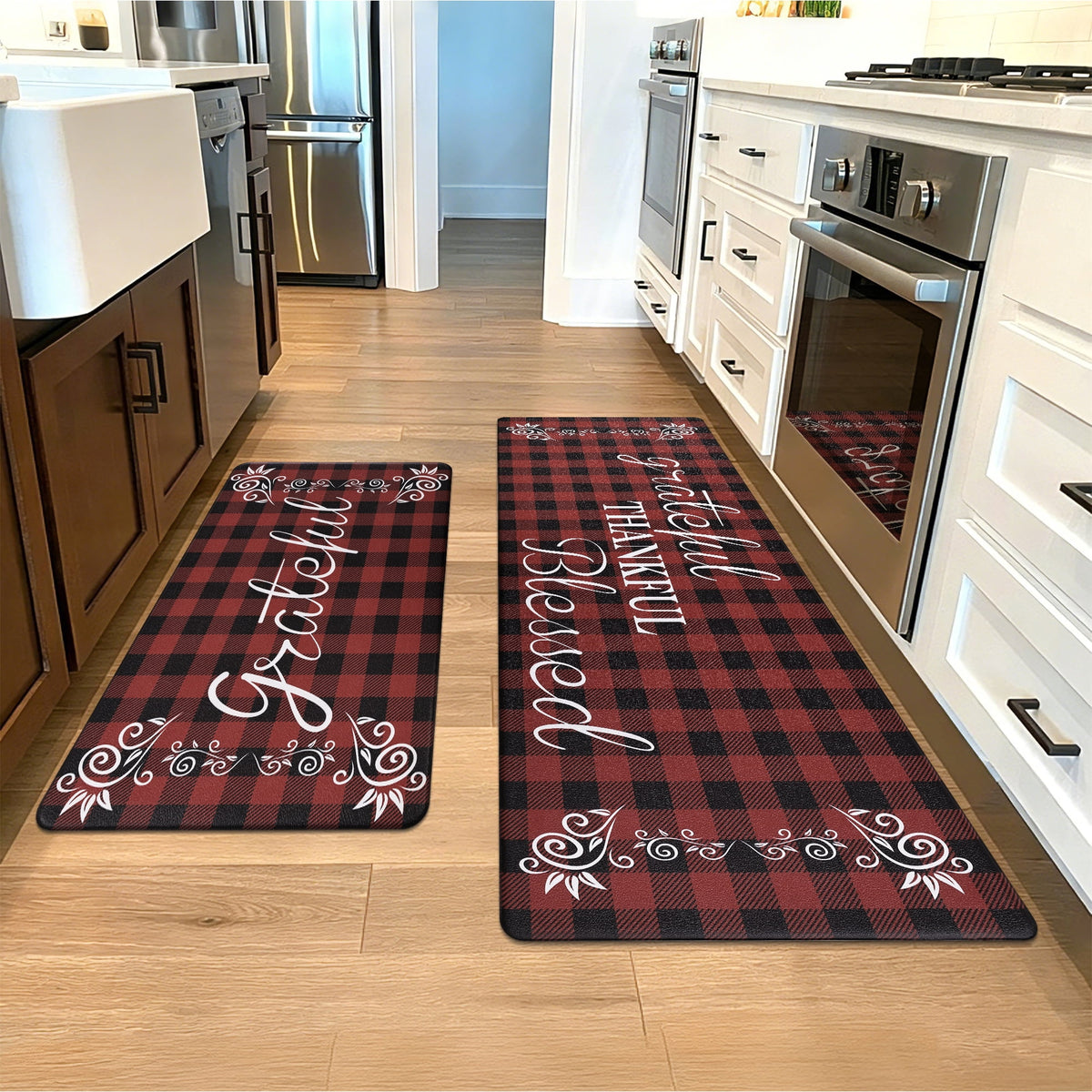 MeyJey Farmhouse Kitchen Rug Set of 2, Non-Slip Anti-Fatigue Waterproof Cushioned Mat for Kitchen, Dining & Laundry Room, 18"x30"+18"x48" Teal/Brown