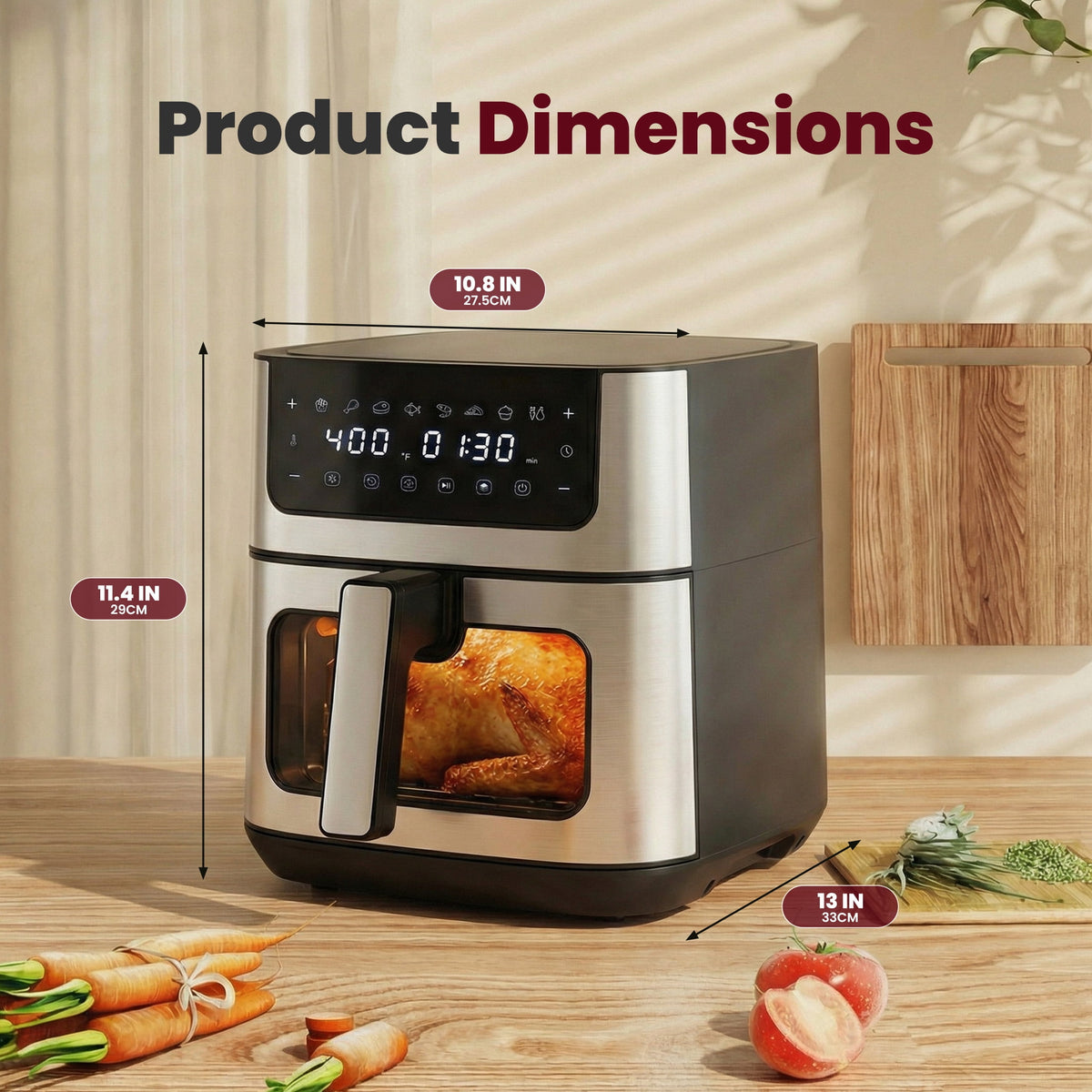 EDX 6QT Stainless Steel Air Fryer with Digital Touchscreen, 1500W, 8 Presets, Dishwasher Safe Basket, 90 Min Timer, 24H Delay Start, Gray