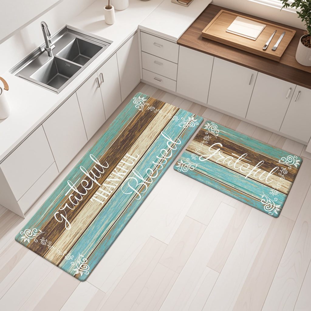 MeyJey Farmhouse Kitchen Rug Set of 2, Non-Slip Anti-Fatigue Waterproof Cushioned Mat for Kitchen, Dining & Laundry Room, 18"x30"+18"x48" Teal/Brown
