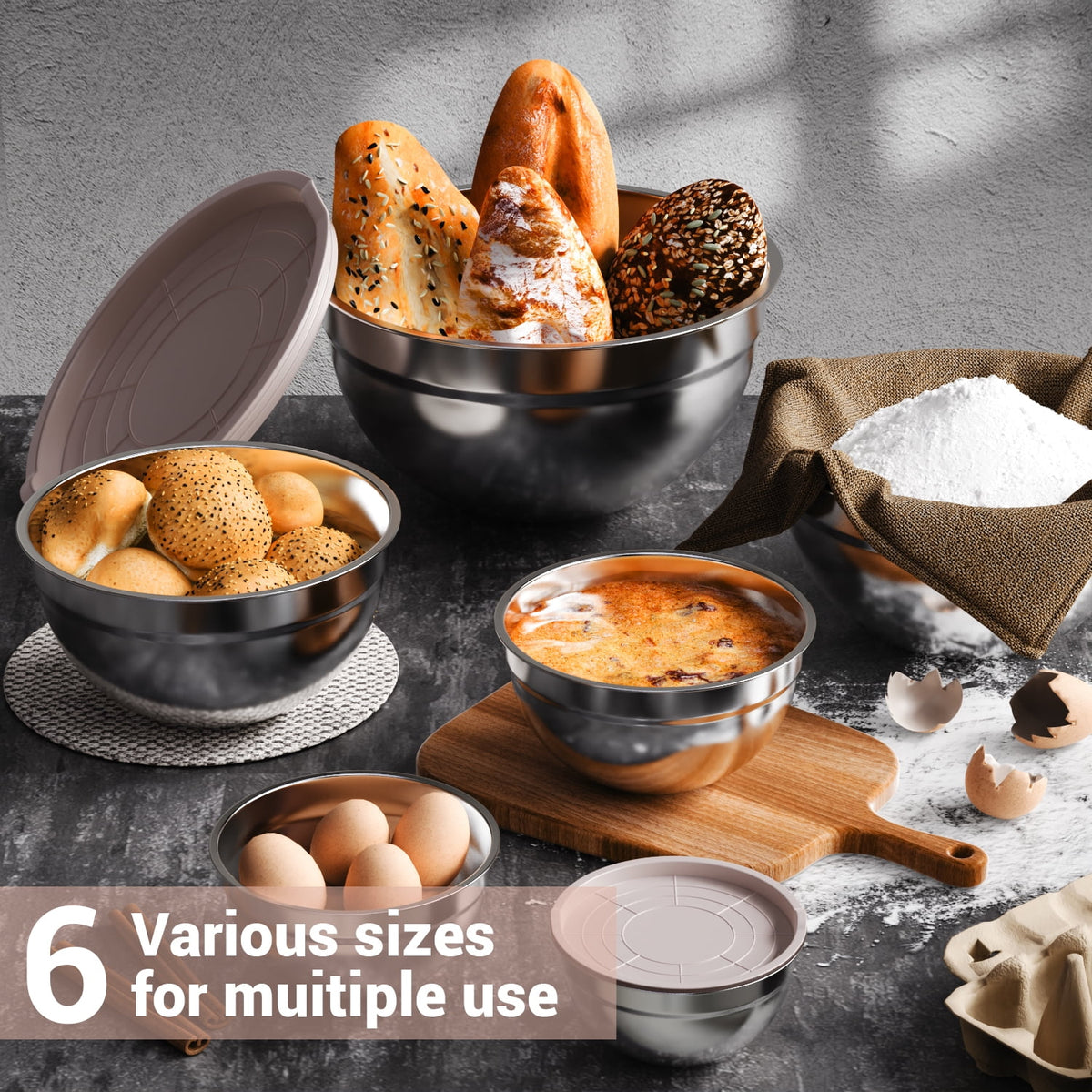 Stainless Steel Mixing Bowls Set, TINANA 6 Pack Mixing Bowls with Lids, Metal Nesting Storage Bowls for Kitchen, 4.5/3/2.5/2/1.5/0.75QT, Great for Prep, Baking, Serving, Multicolor