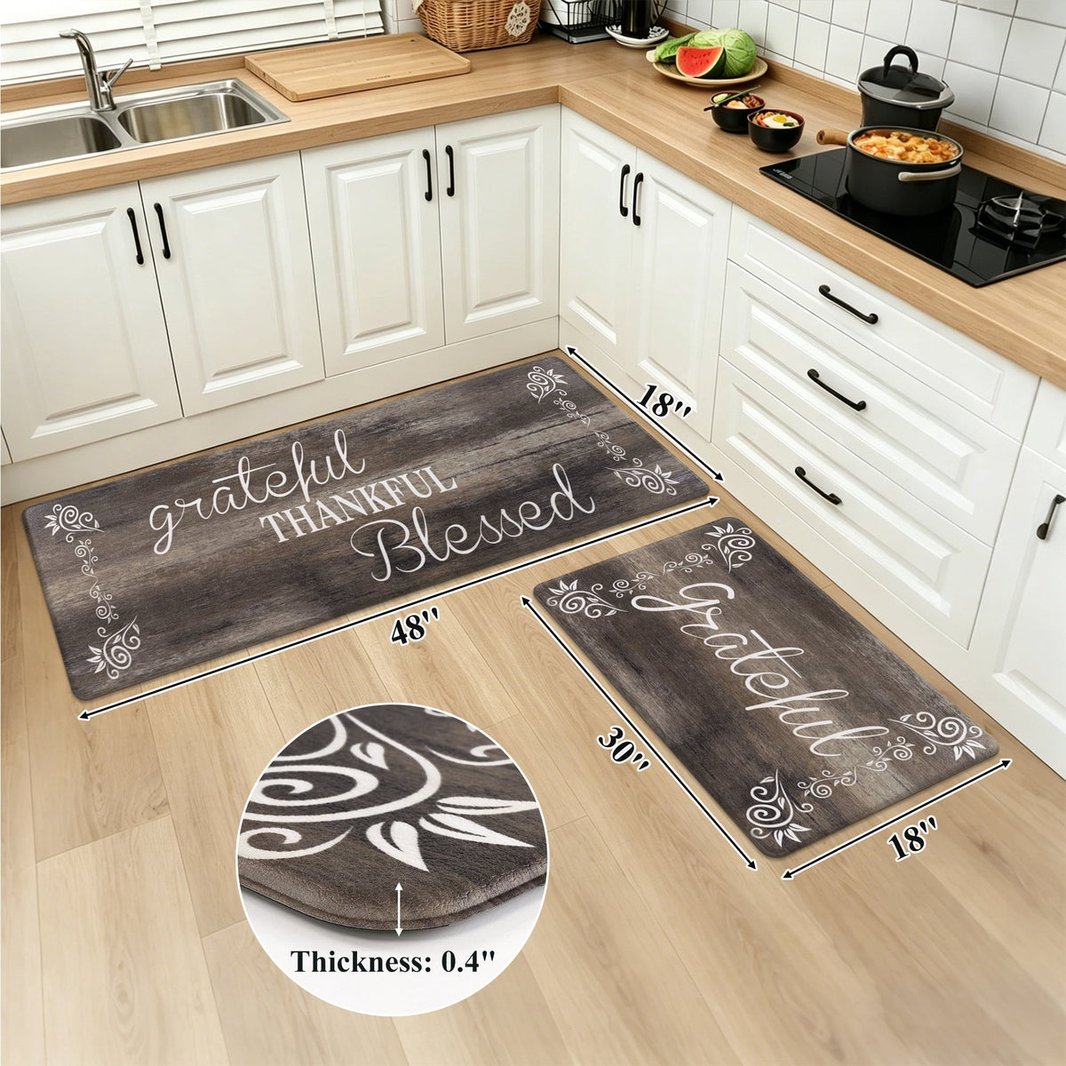 MeyJey Farmhouse Kitchen Rug Set of 2, Non-Slip Anti-Fatigue Waterproof Cushioned Mat for Kitchen, Dining & Laundry Room, 18"x30"+18"x48" Teal/Brown