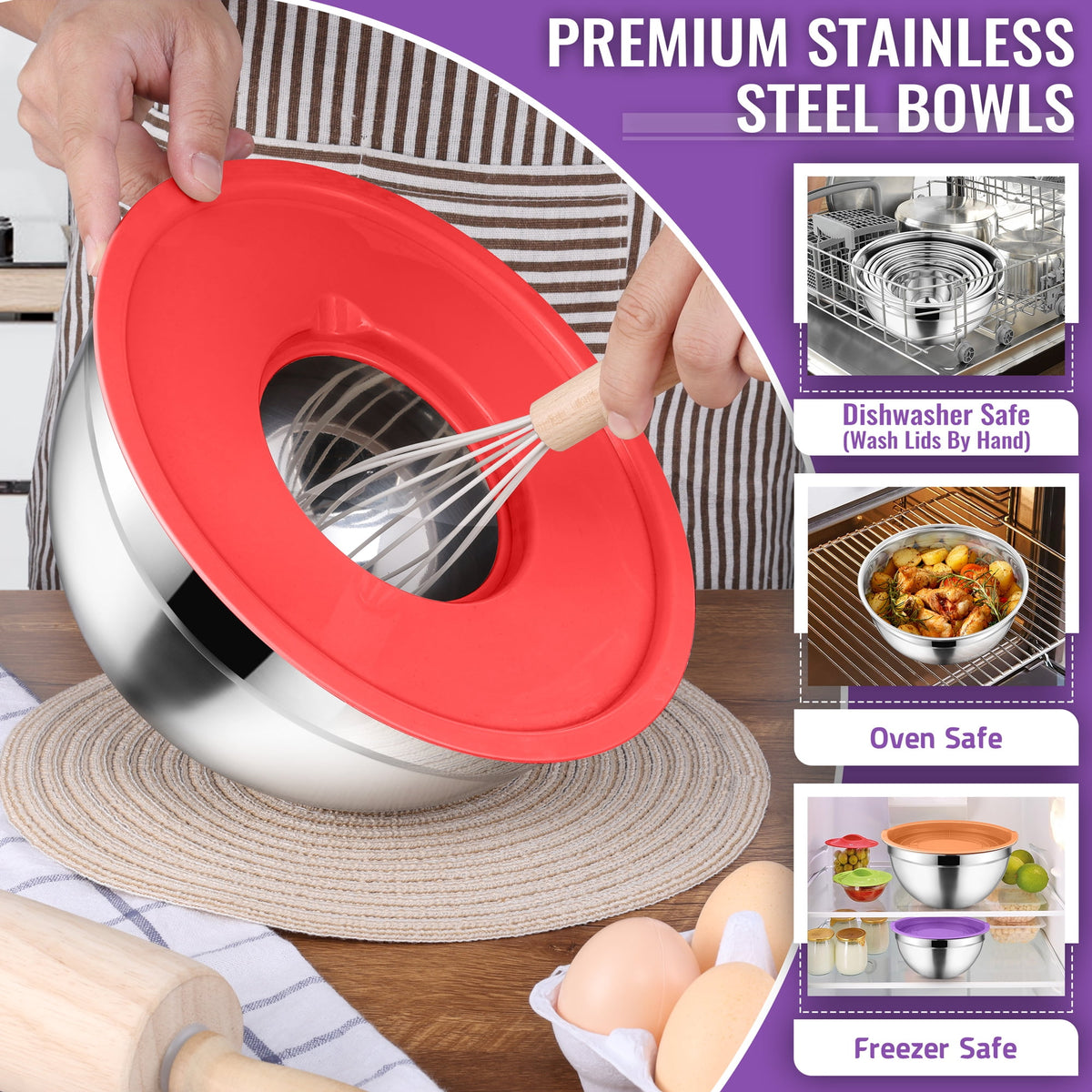 Mixing Bowls with Lids Set of 9, Vesteel Stainless Steel Mixing Bowls Metal Nesting Salad Bowls Attach with 3 Graters for Kitchen Grating/ Shredding, Size 4.6, 2.6, 2, 1.5, 1, 0.7 QT - Multi-Color