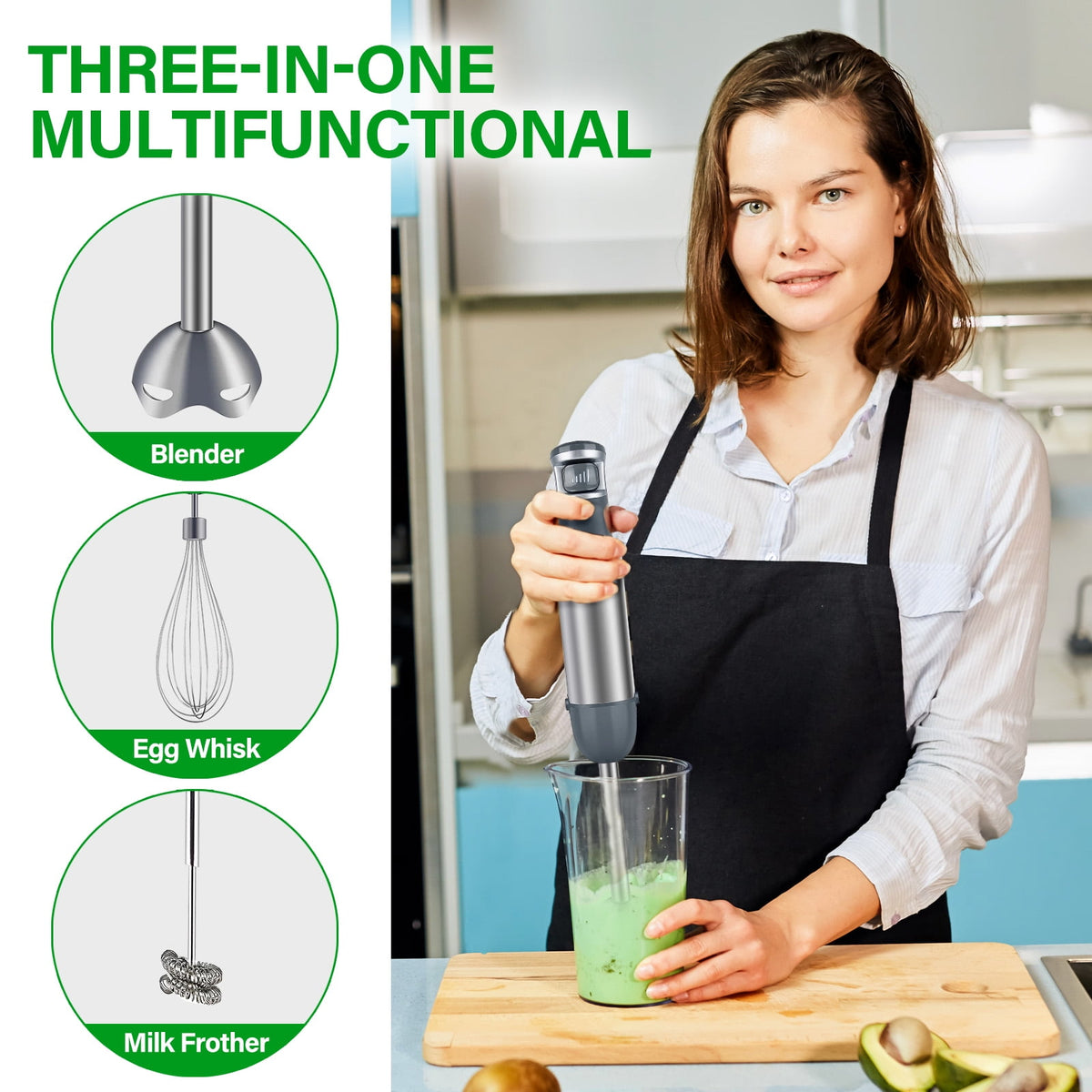 Immersion Blender Handheld 1100W 3 in 1 Corded Stick Hand Blenders for Kitchen with Trigger Speed Control, with Whisk, Milk Frother Attachemnts, Perfect Emulsifier for Soup, Smoothie, Puree