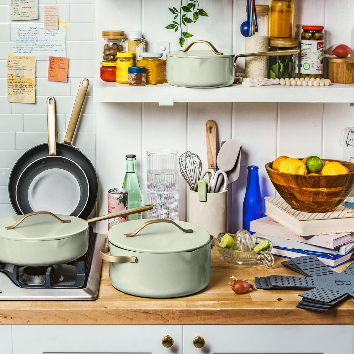 Beautiful 12-Piece Cookware Set, Pots and Pans with Strainer Lids and EverGood Ceramic Nonstick Coating, White Icing by Drew Barrymore
