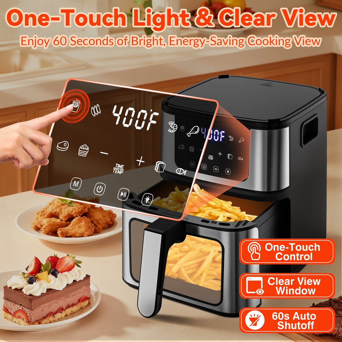 Air Fryer+Grill Plate, 7.5 Quart 8-in-1 Dual Mode Air Fryer with Window, 120-Min Timer, Max 400°F, Auto Shut Off & Nonstick Dishwasher Safe Basket, Touchscreen Controls, Easy Meals, Black
