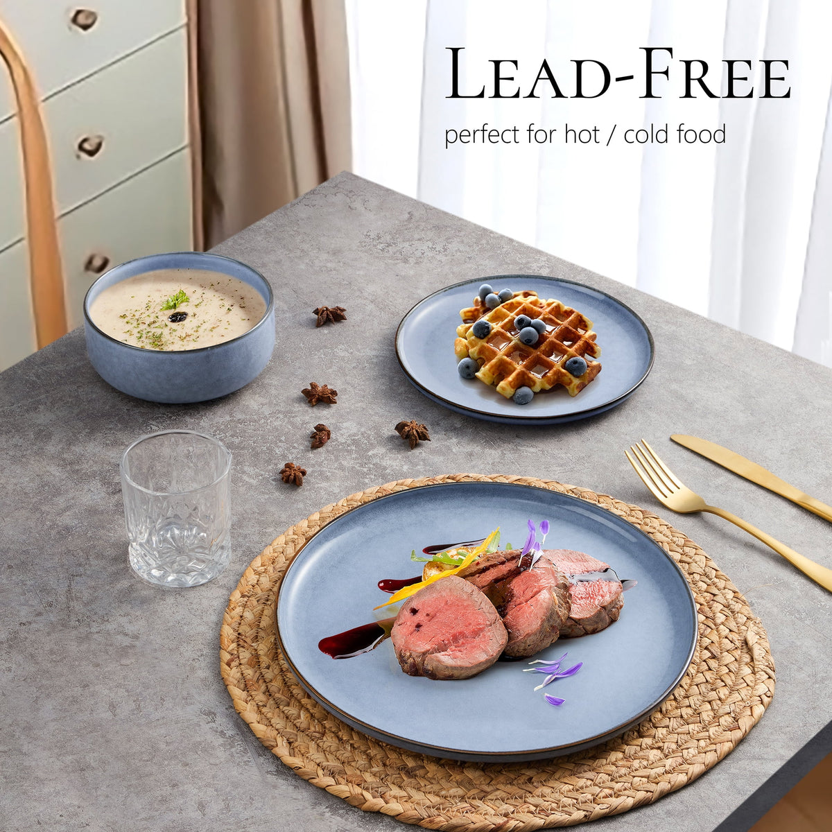 Vesteel Dinnerware Sets for 4, 12-Piece Stoneware Dish and Bowls Set, Handmade Reactive Glaze Coupe Plates Set for Family, Chip & Scratch Resistant - Matte Black