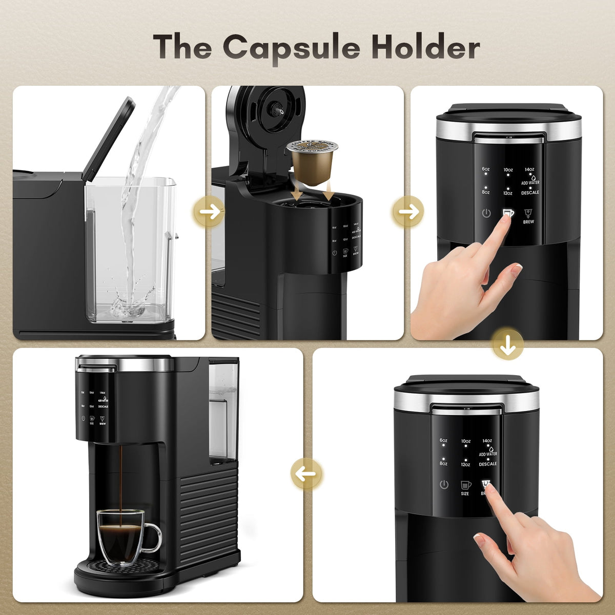 Moifoi Coffee Maker 2-in-1 Single Serve Coffee Machine, for K-Cup Coffee Capsule Pod, Ground Coffee Powder Brewer, Black