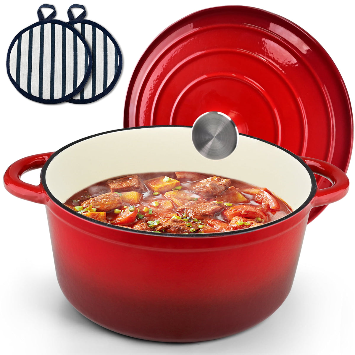TINANA Enameled Cast Iron Dutch Oven, 5.5QT Pot with Lid and Cotton Potholders, Heavy-Duty Cookware for Braising, Stews, Roasting, Red