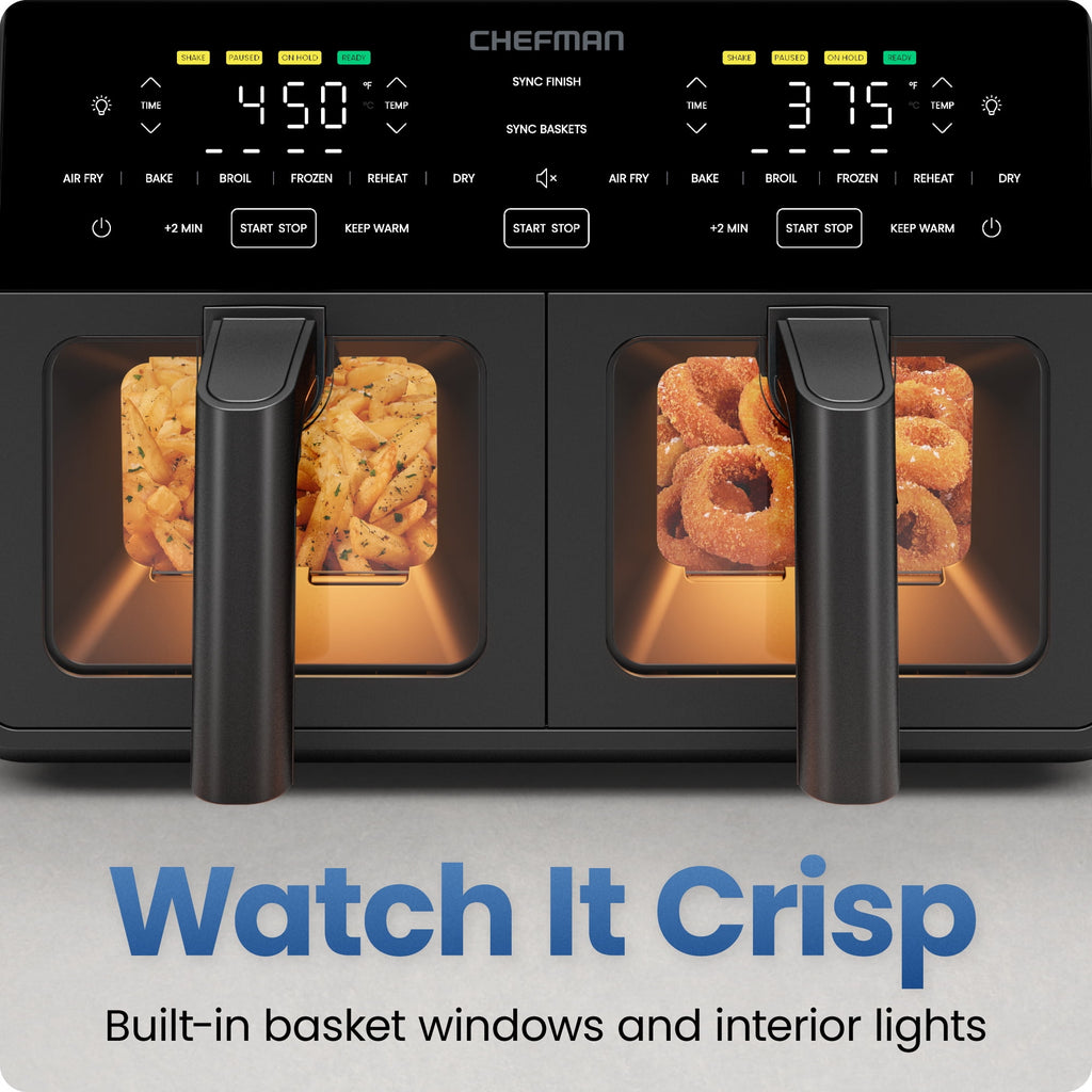 Chefman 9-Quart TurboFry Dual Basket Easy-View Air Fryer, 450°F Max Temp - Black