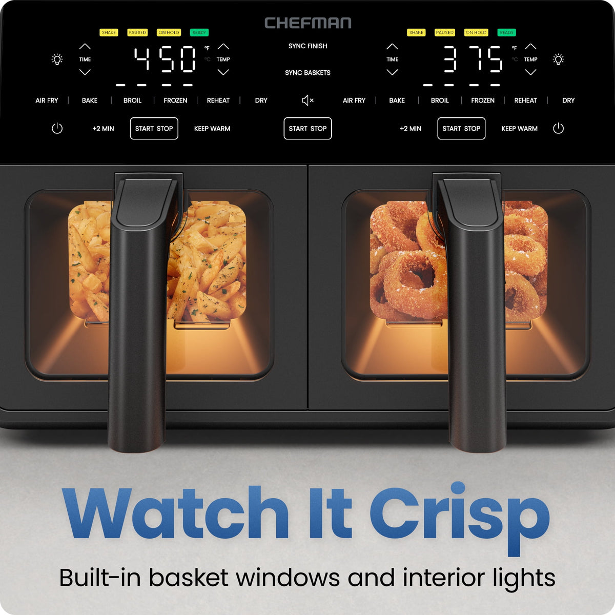 Chefman 9-Quart TurboFry Dual Basket Easy-View Air Fryer, 450°F Max Temp - Black