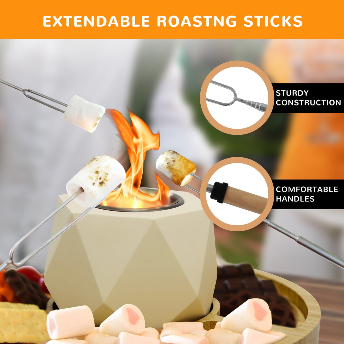 Tabletop S'Mores Maker Kit & Charcuterie Serving Set, Includes 4 Extendable Roasting Sticks, Bamboo Tray, Gift for Houswarmings, Parties and Weddings, Give Fun for Family Night